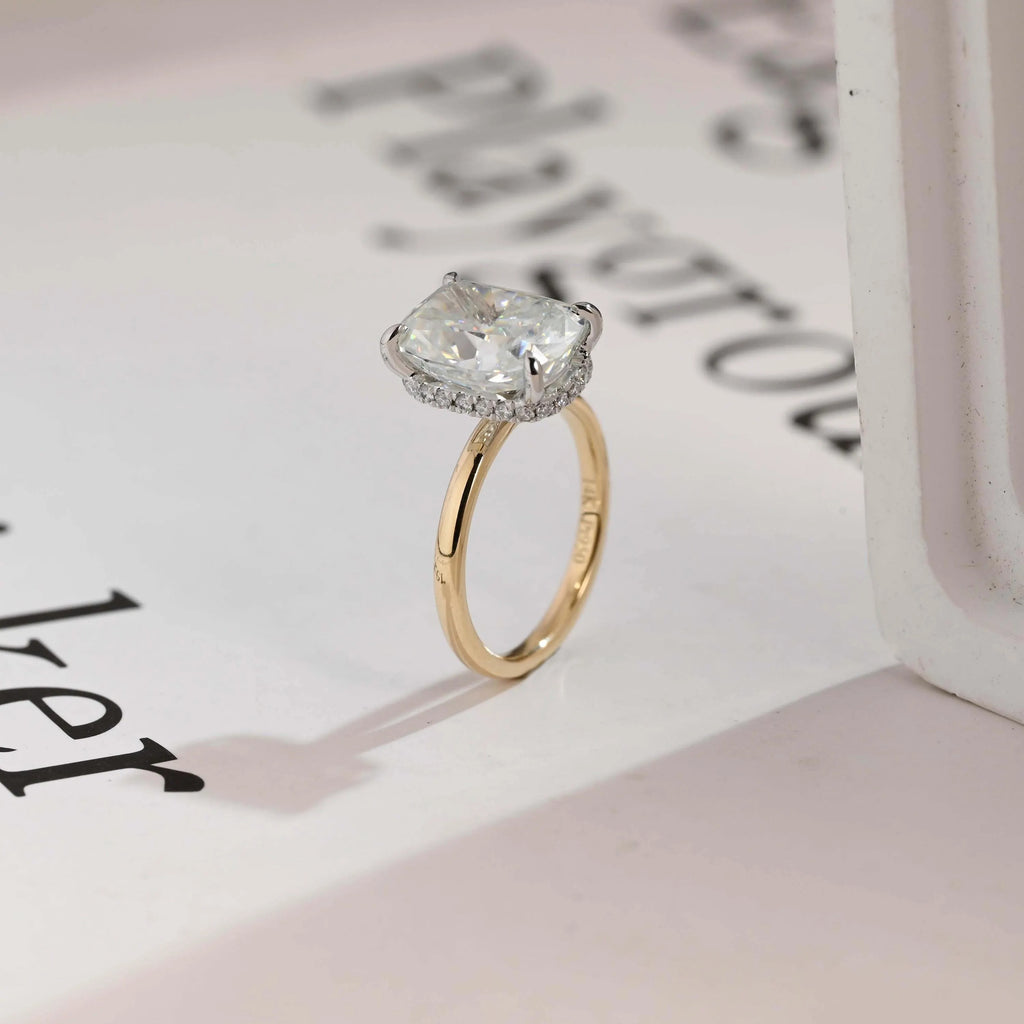 Solid Gold Elongated Crushed Ice Cushion Moissanite Engagement Ring, Two Tone Custom Ring