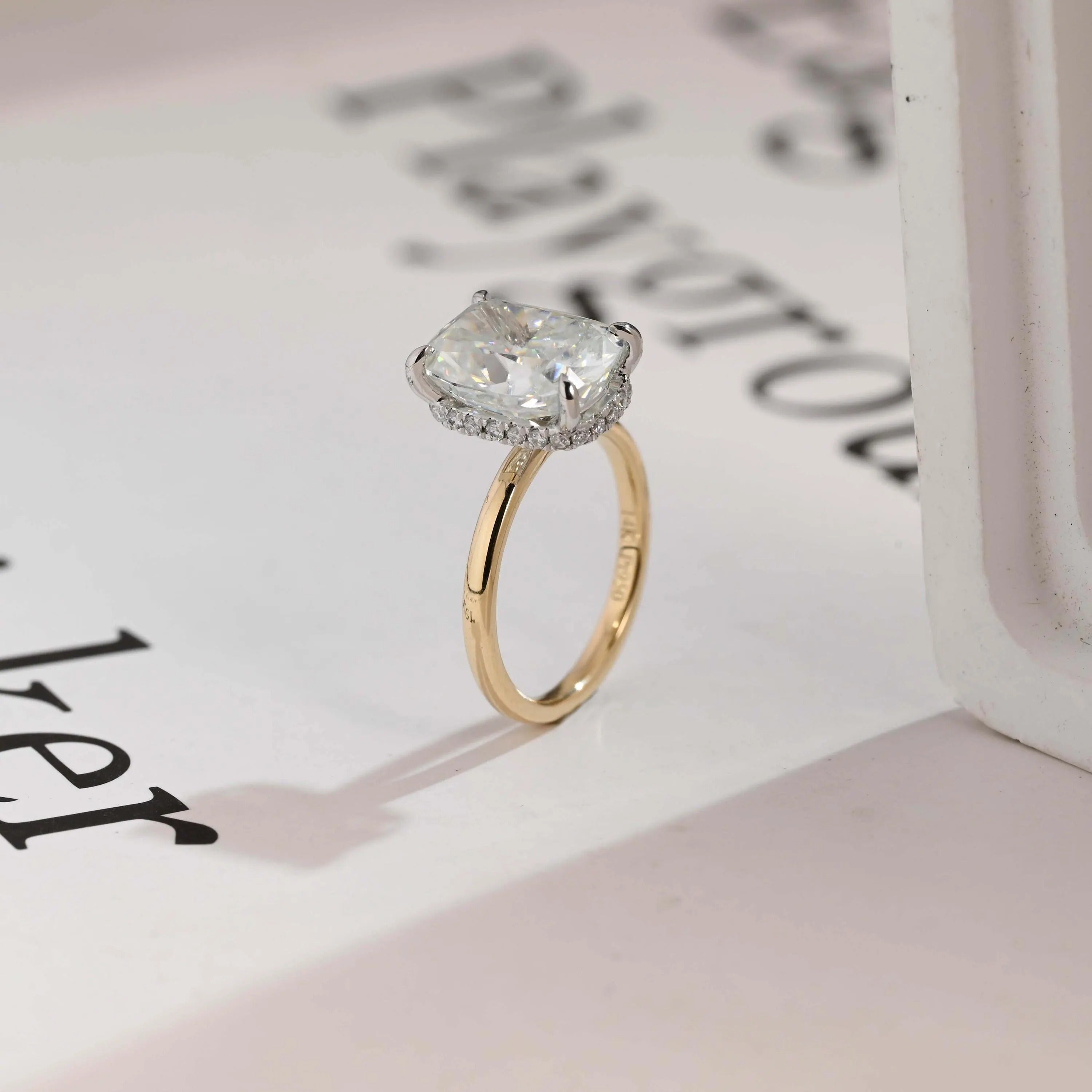Solid Gold Elongated Crushed Ice Cushion Moissanite Engagement Ring, Two Tone Custom Ring