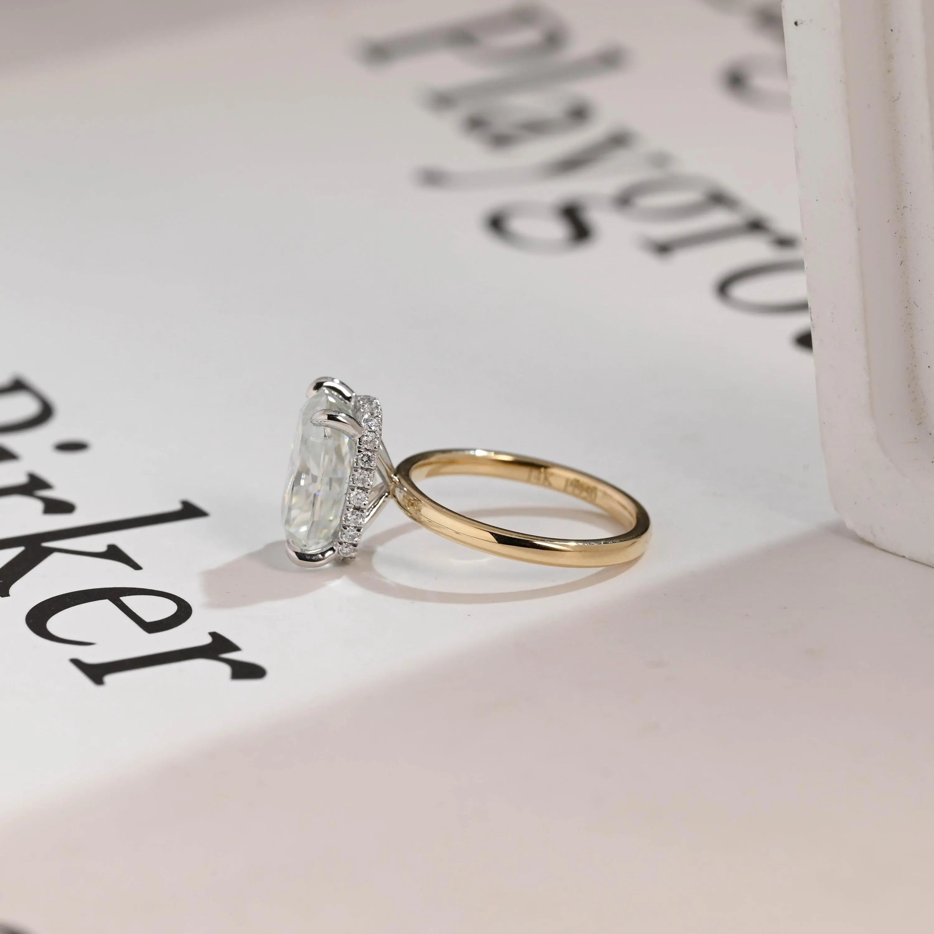 Solid Gold Elongated Crushed Ice Cushion Moissanite Engagement Ring, Two Tone Custom Ring