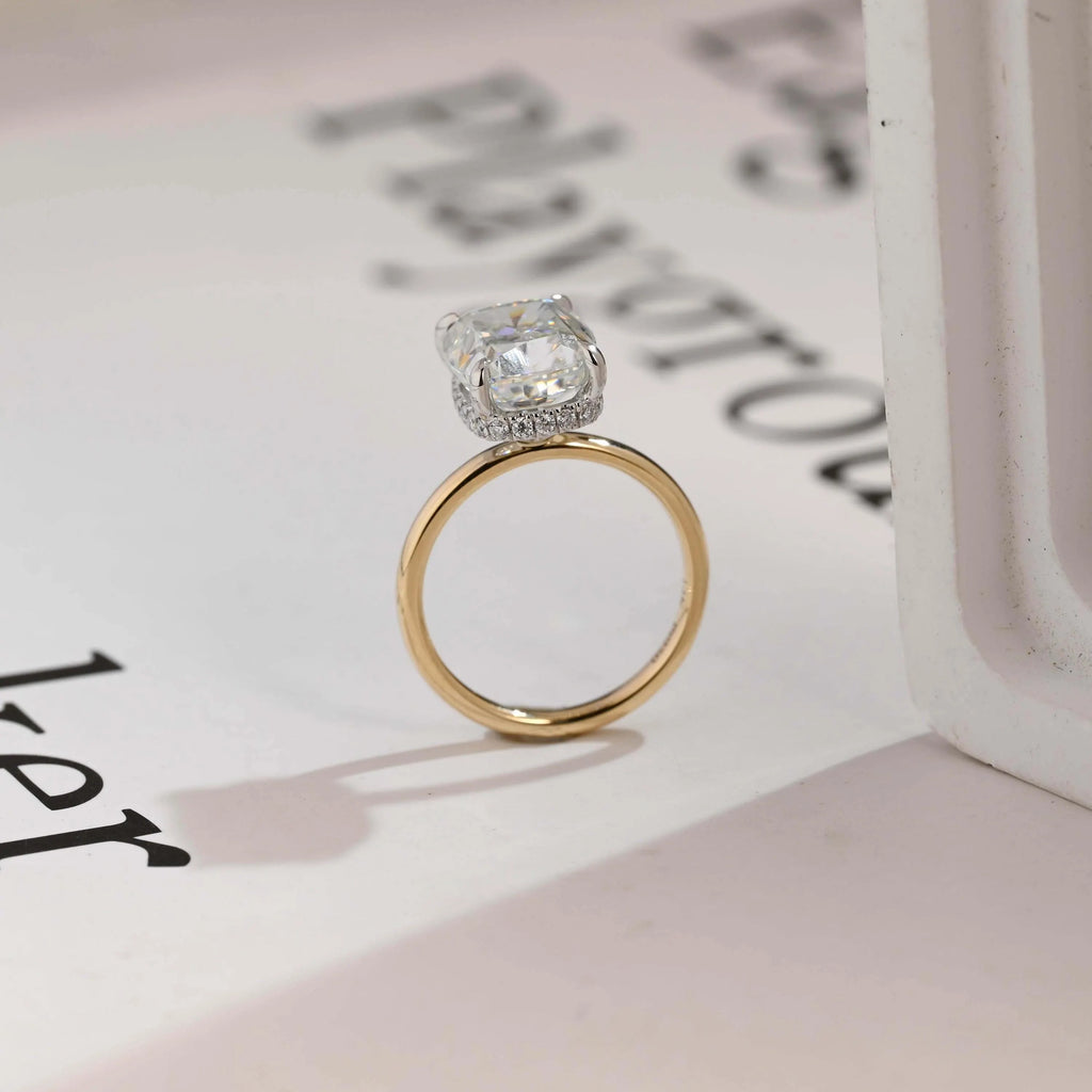 Solid Gold Elongated Crushed Ice Cushion Moissanite Engagement Ring, Two Tone Custom Ring