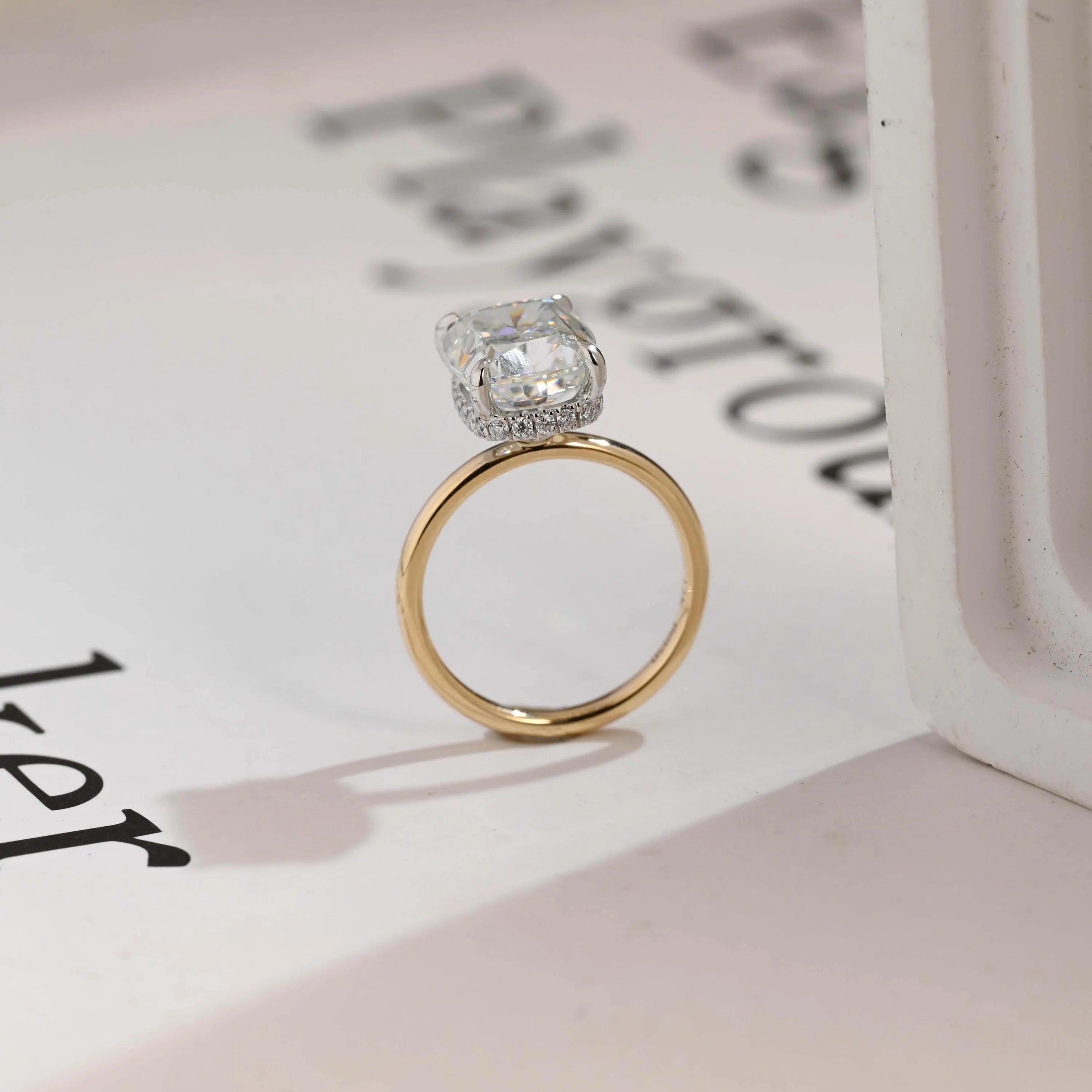 Solid Gold Elongated Crushed Ice Cushion Moissanite Engagement Ring, Two Tone Custom Ring