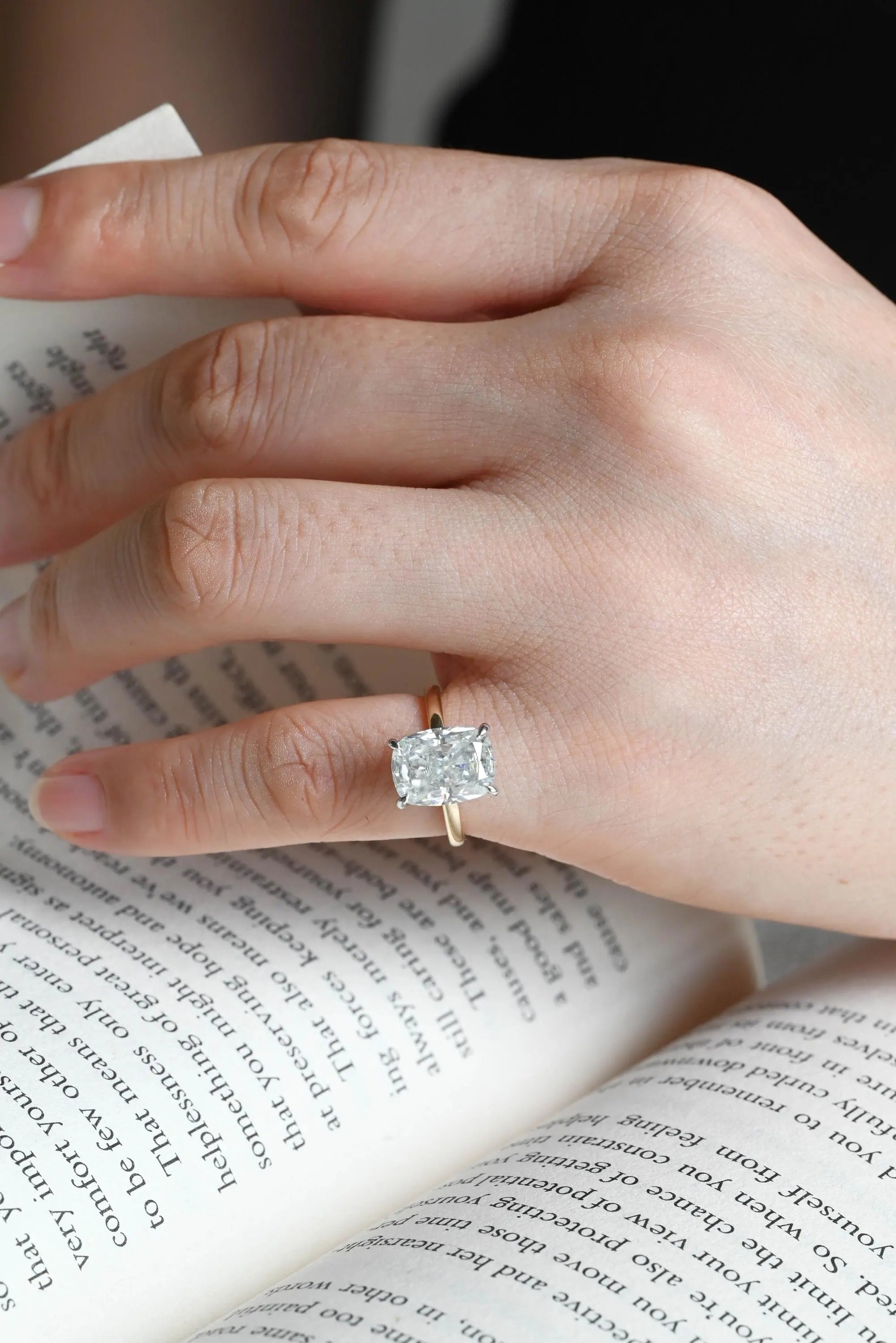 Solid Gold Elongated Crushed Ice Cushion Moissanite Engagement Ring, Two Tone Custom Ring