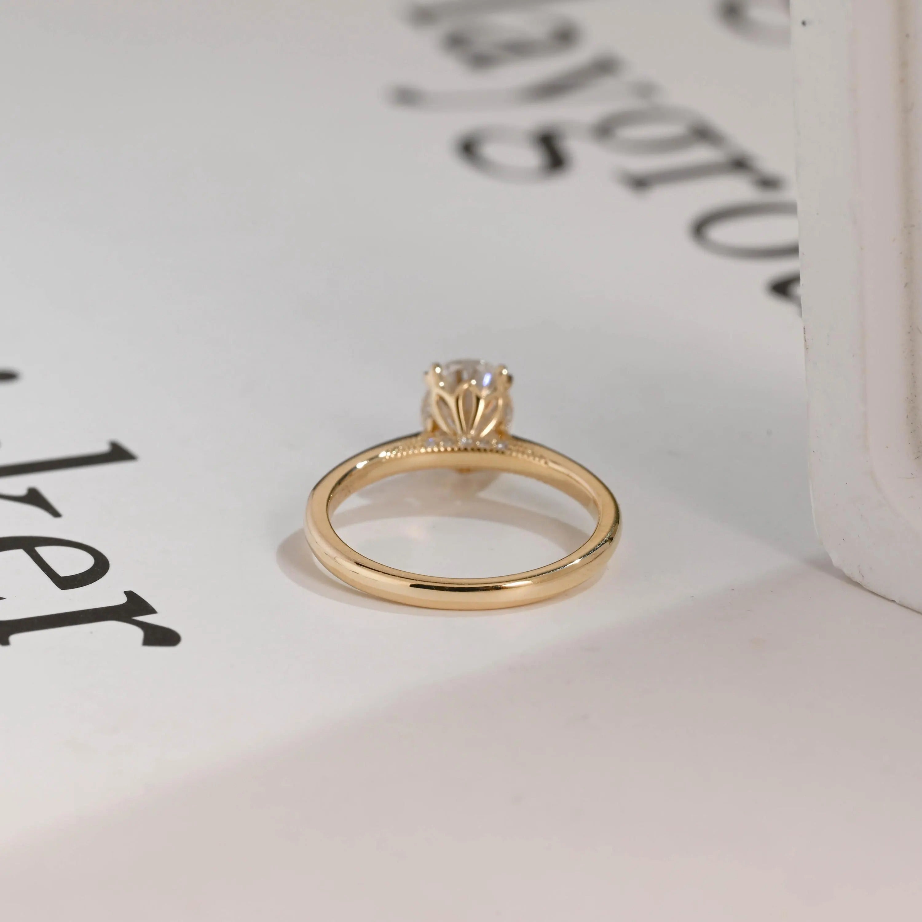 Solid Gold Oval Cut Lab-grown Diamond Engagement Ring, Tulip Floral Setting