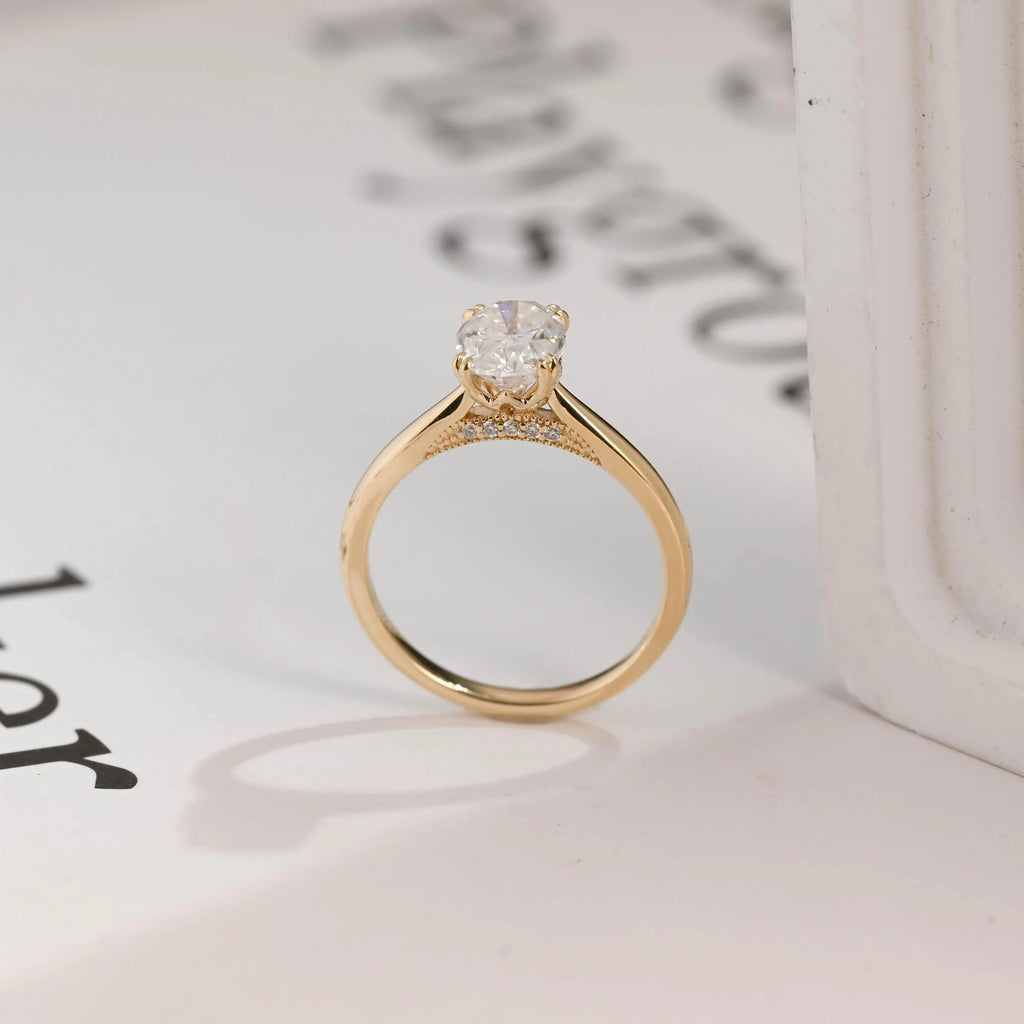 Solid Gold Oval Cut Lab-grown Diamond Engagement Ring, Tulip Floral Setting