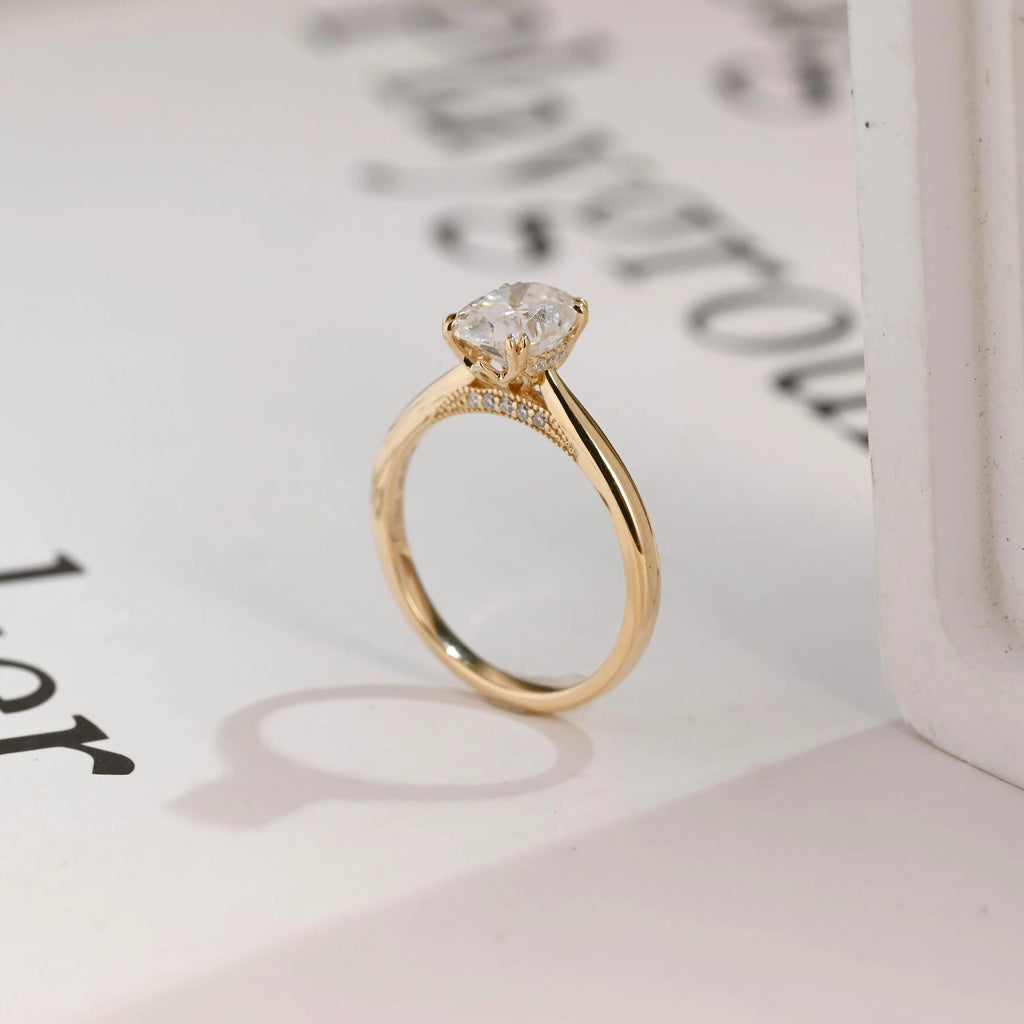 Solid Gold Oval Cut Lab-grown Diamond Engagement Ring, Tulip Floral Setting
