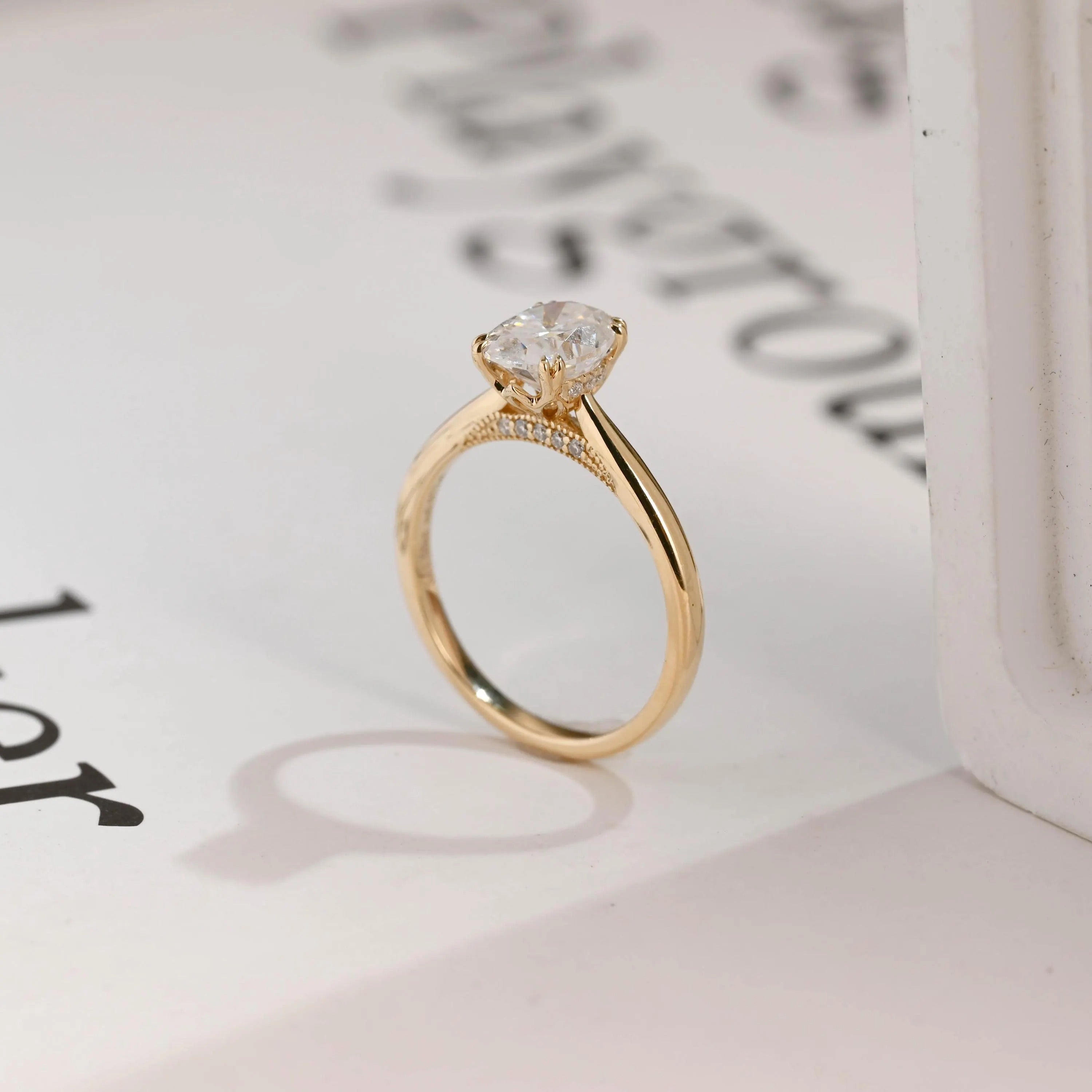 Solid Gold Oval Cut Lab-grown Diamond Engagement Ring, Tulip Floral Setting