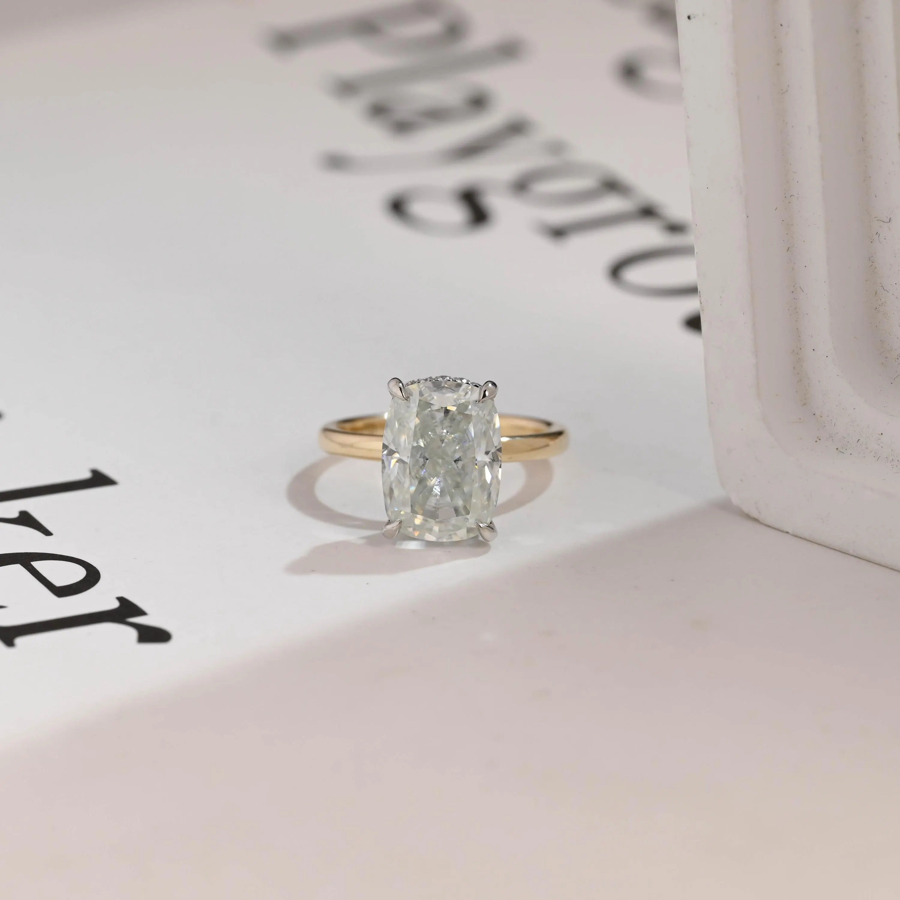 Solid Gold Elongated Crushed Ice Cushion Moissanite Engagement Ring, Two Tone Custom Ring Main image