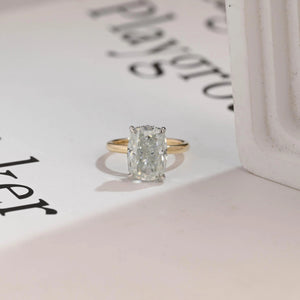 Solid Gold Elongated Crushed Ice Cushion Moissanite Engagement Ring, Two Tone Custom Ring