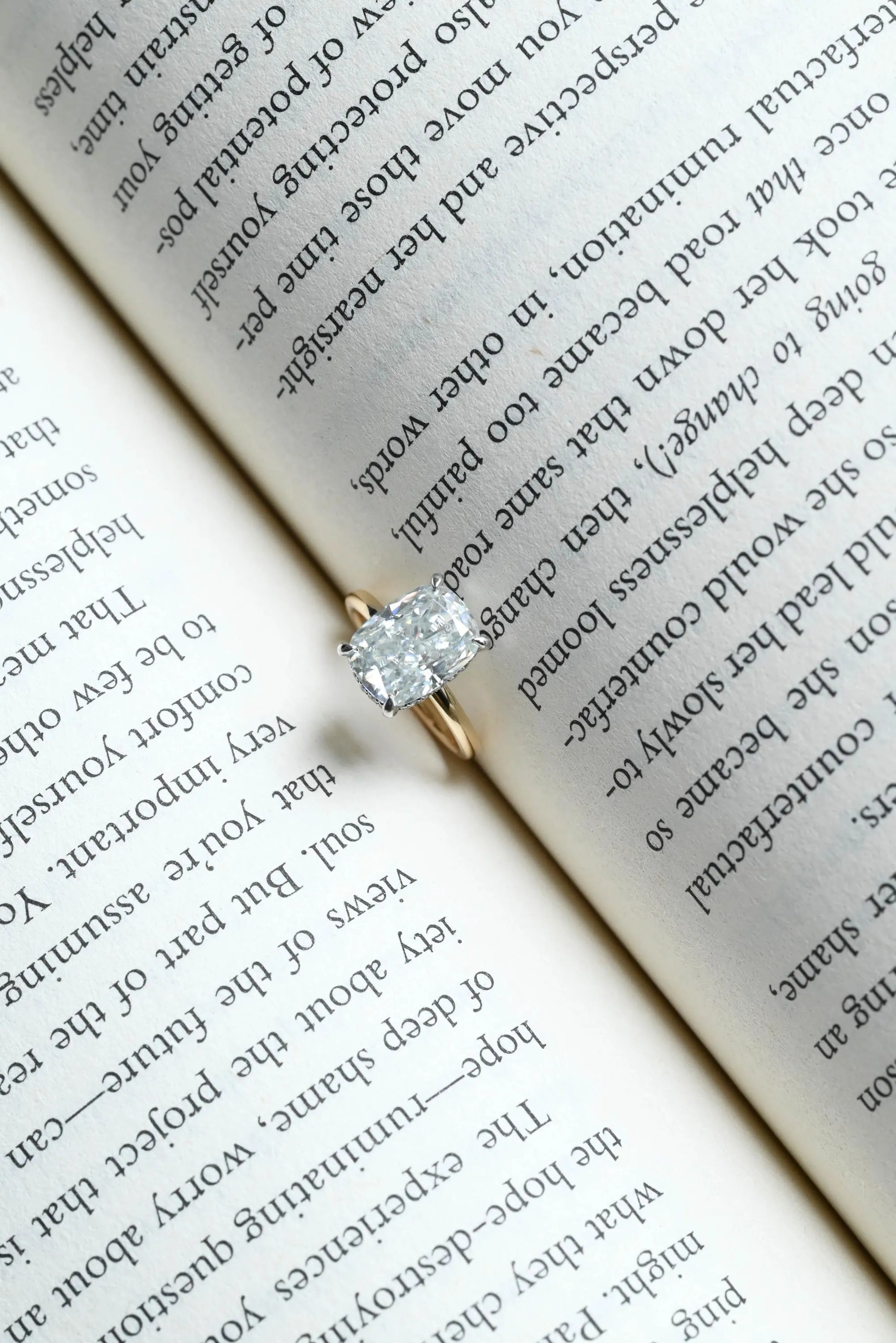 Solid Gold Elongated Crushed Ice Cushion Moissanite Engagement Ring, Two Tone Custom Ring