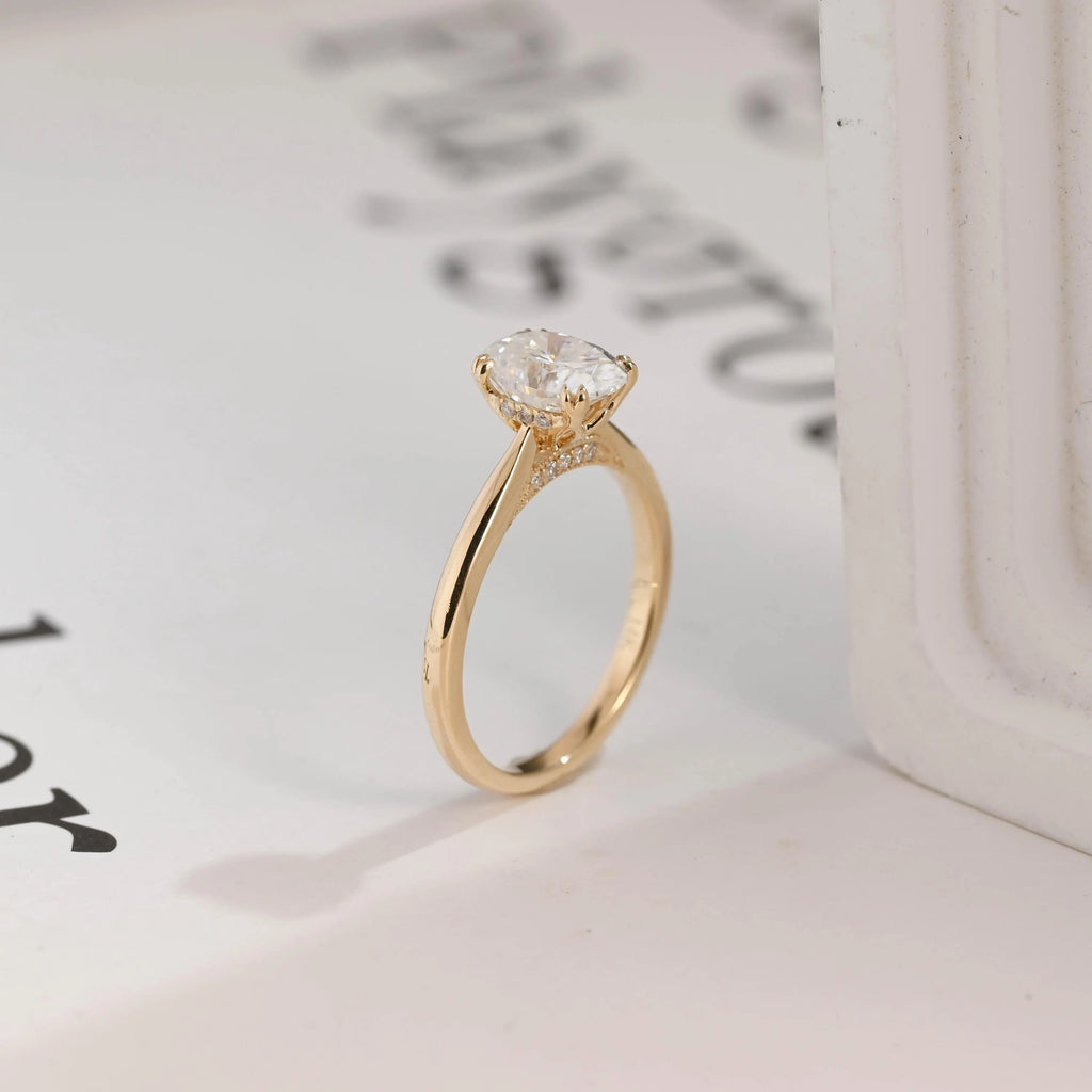 Solid Gold Oval Cut Lab-grown Diamond Engagement Ring, Tulip Floral Setting
