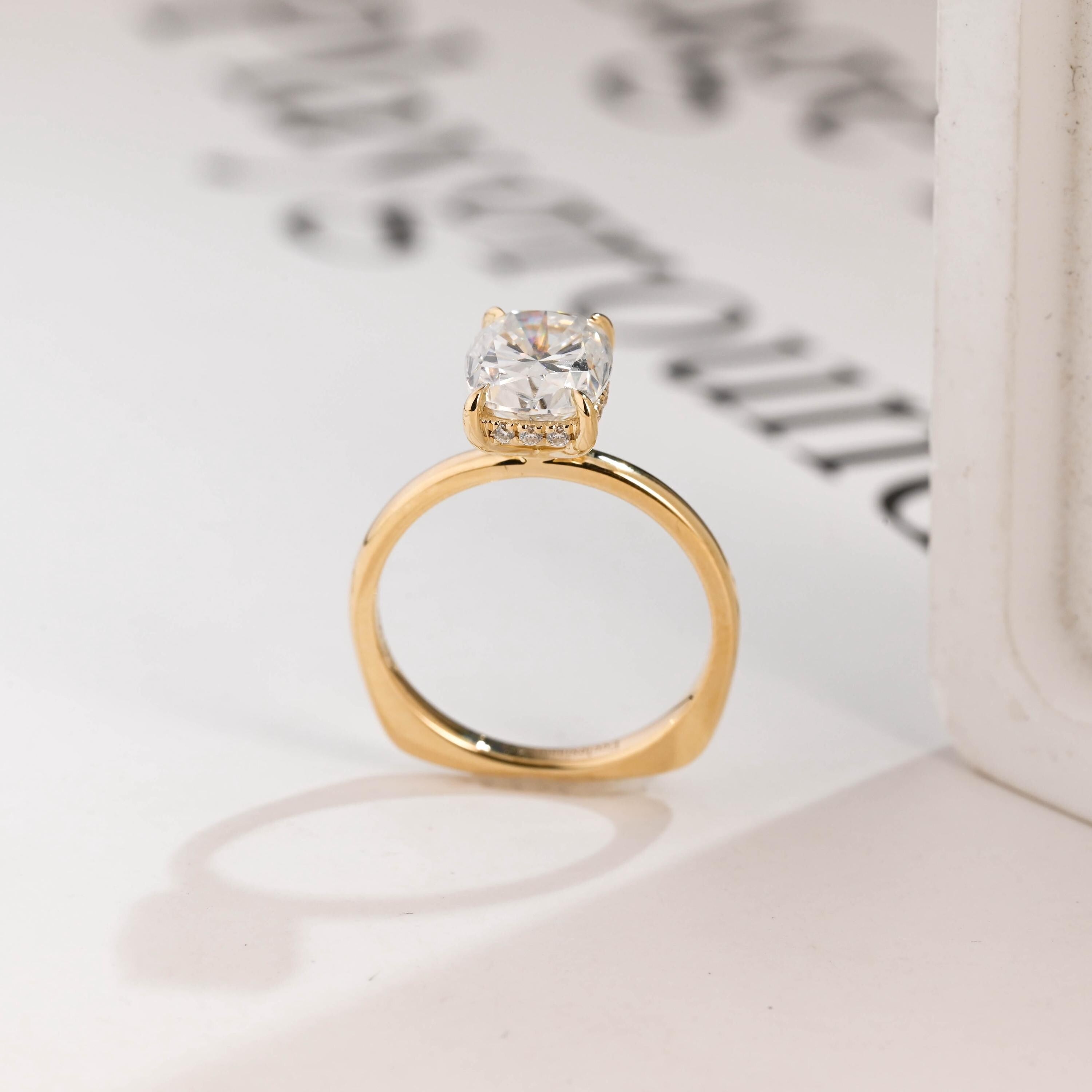 Solid Gold European Shank Elongated Cushion Moissanite Engagement Ring, Promise Ring