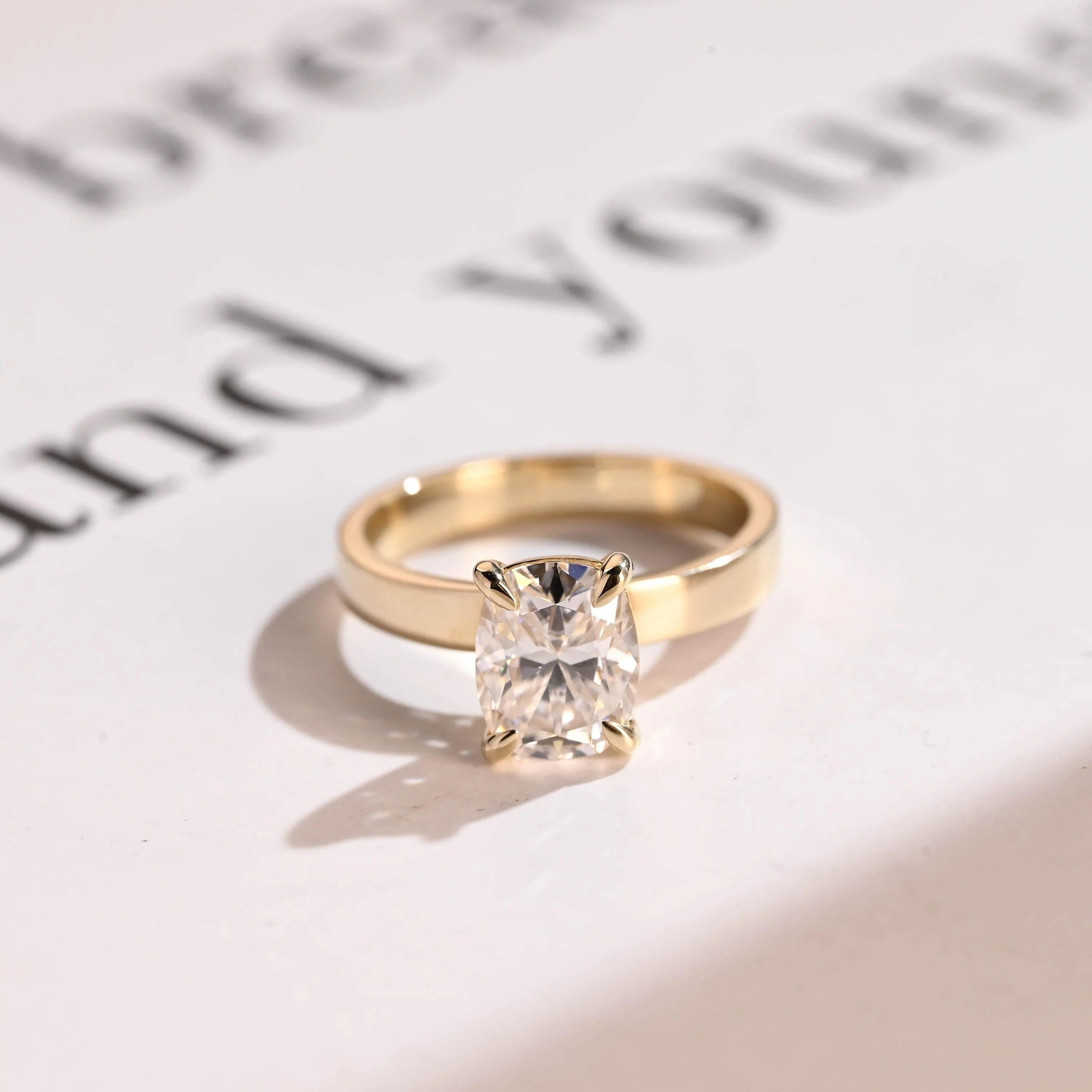 Solid Gold 3mm Band Elongated Cushion Cut Moissanite Engagement Ring, Anniversary Gift for Her Main image
