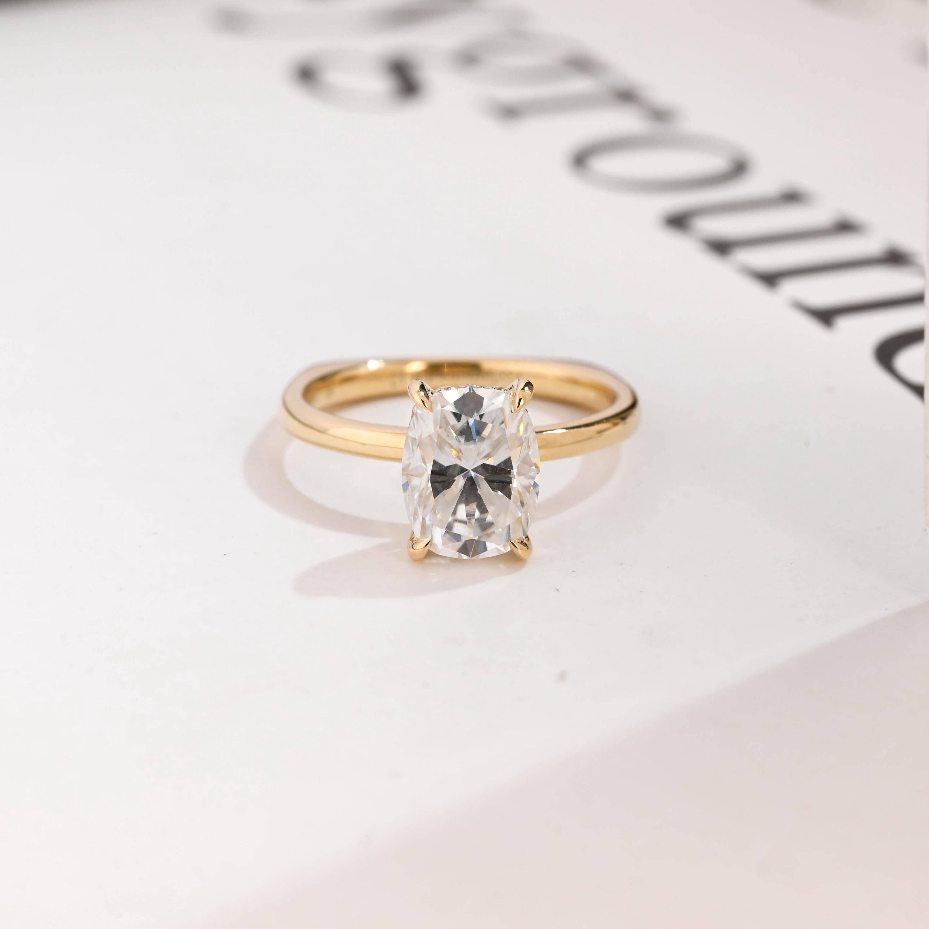 Solid Gold European Shank Elongated Cushion Moissanite Engagement Ring, Promise Ring Main image