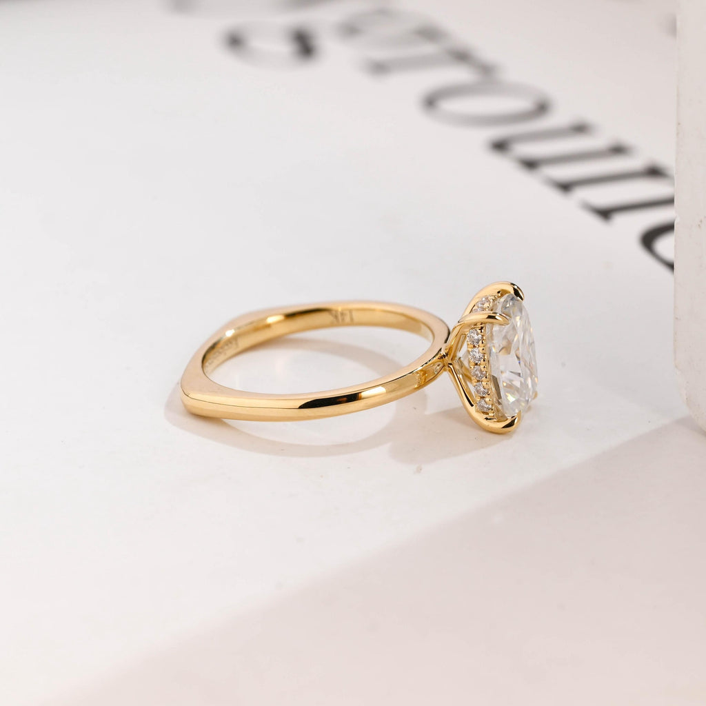 Solid Gold European Shank Elongated Cushion Moissanite Engagement Ring, Promise Ring
