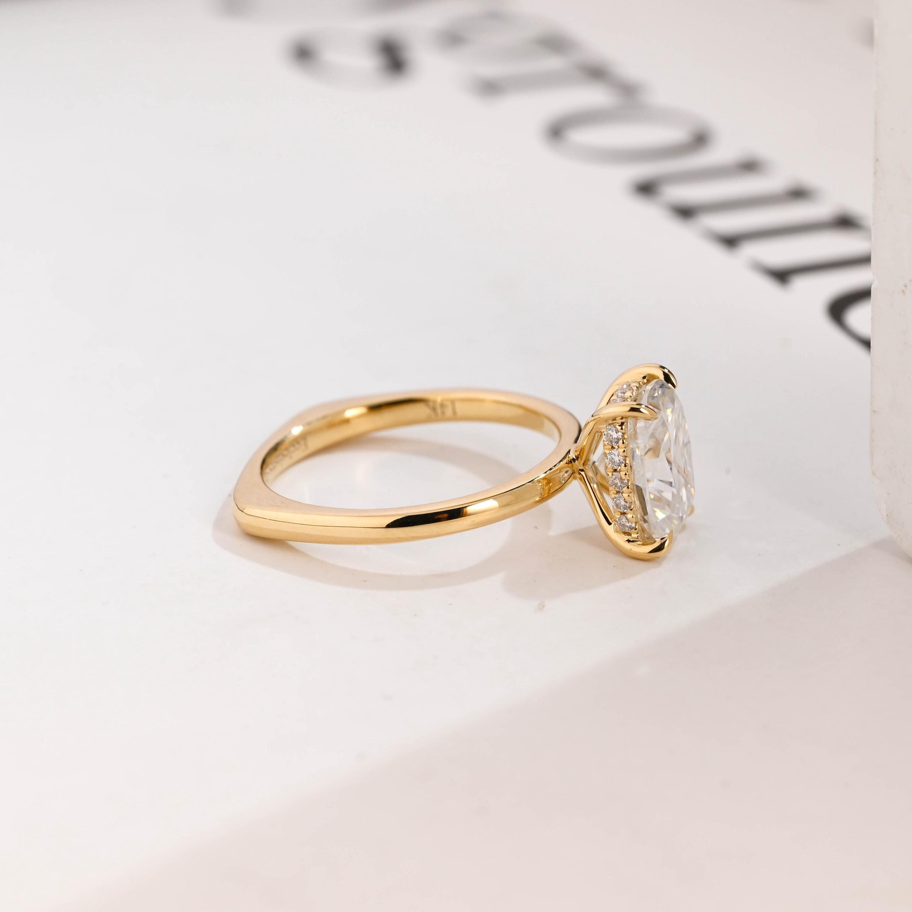 Solid Gold European Shank Elongated Cushion Moissanite Engagement Ring, Promise Ring