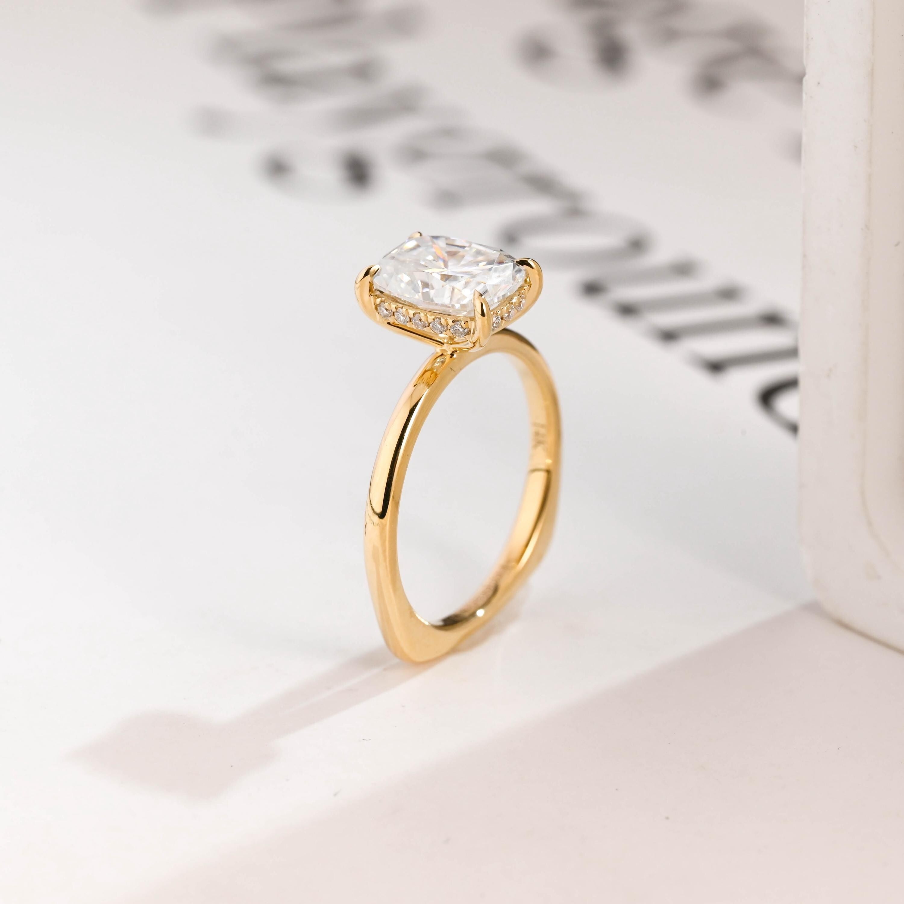 Solid Gold European Shank Elongated Cushion Moissanite Engagement Ring, Promise Ring