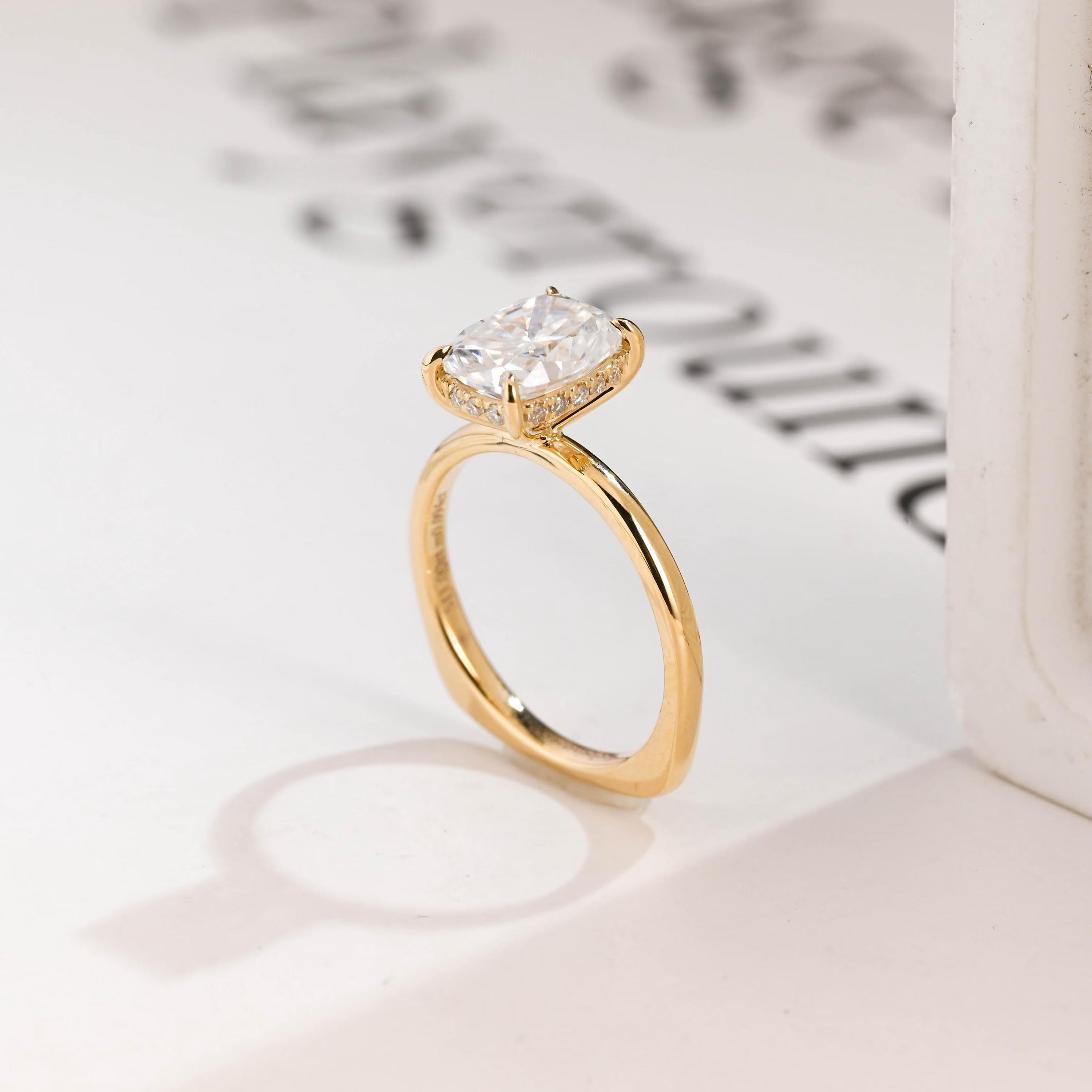 Solid Gold European Shank Elongated Cushion Moissanite Engagement Ring, Promise Ring