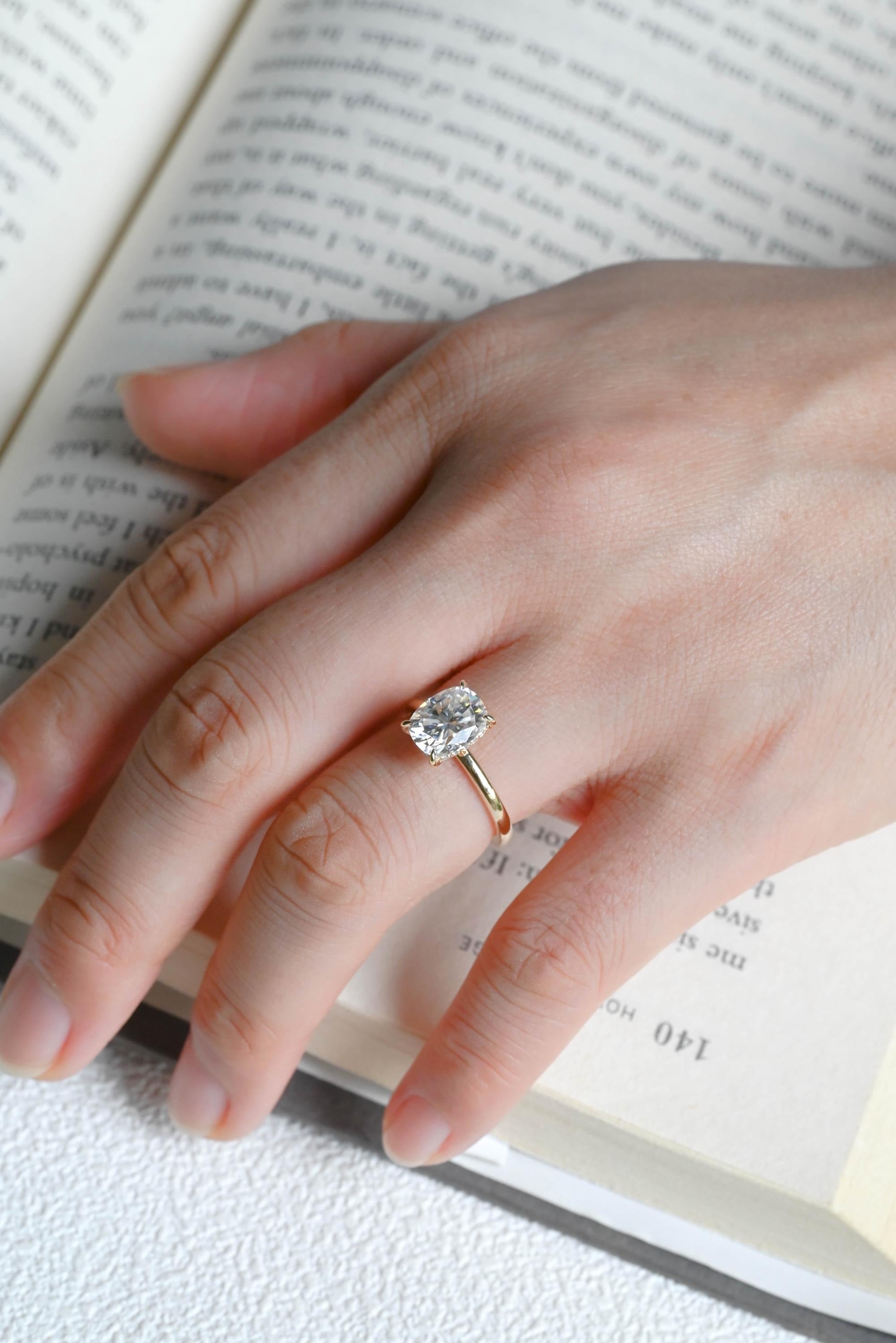 Solid Gold European Shank Elongated Cushion Moissanite Engagement Ring, Promise Ring