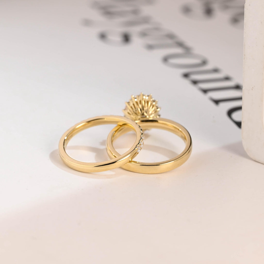 Solid Gold Floral Halo Oval Moissanite Wedding Band Set
