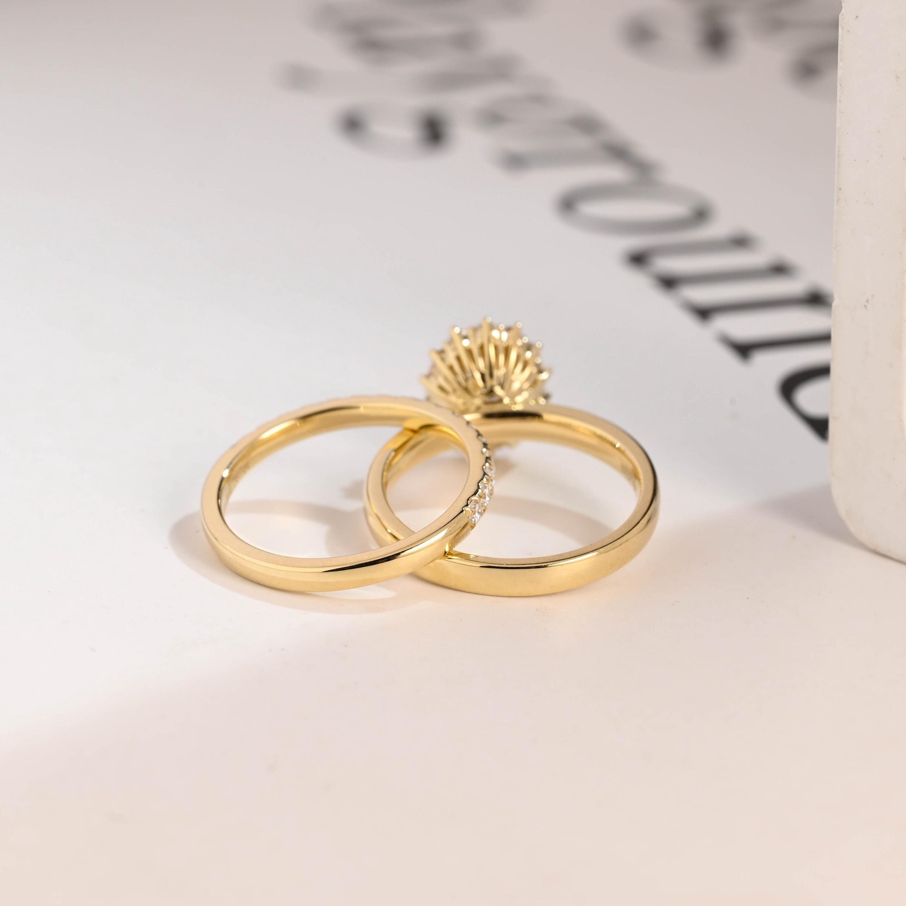 Solid Gold Floral Halo Oval Moissanite Wedding Band Set