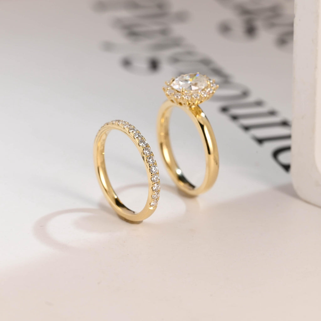 Solid Gold Floral Halo Oval Moissanite Wedding Band Set