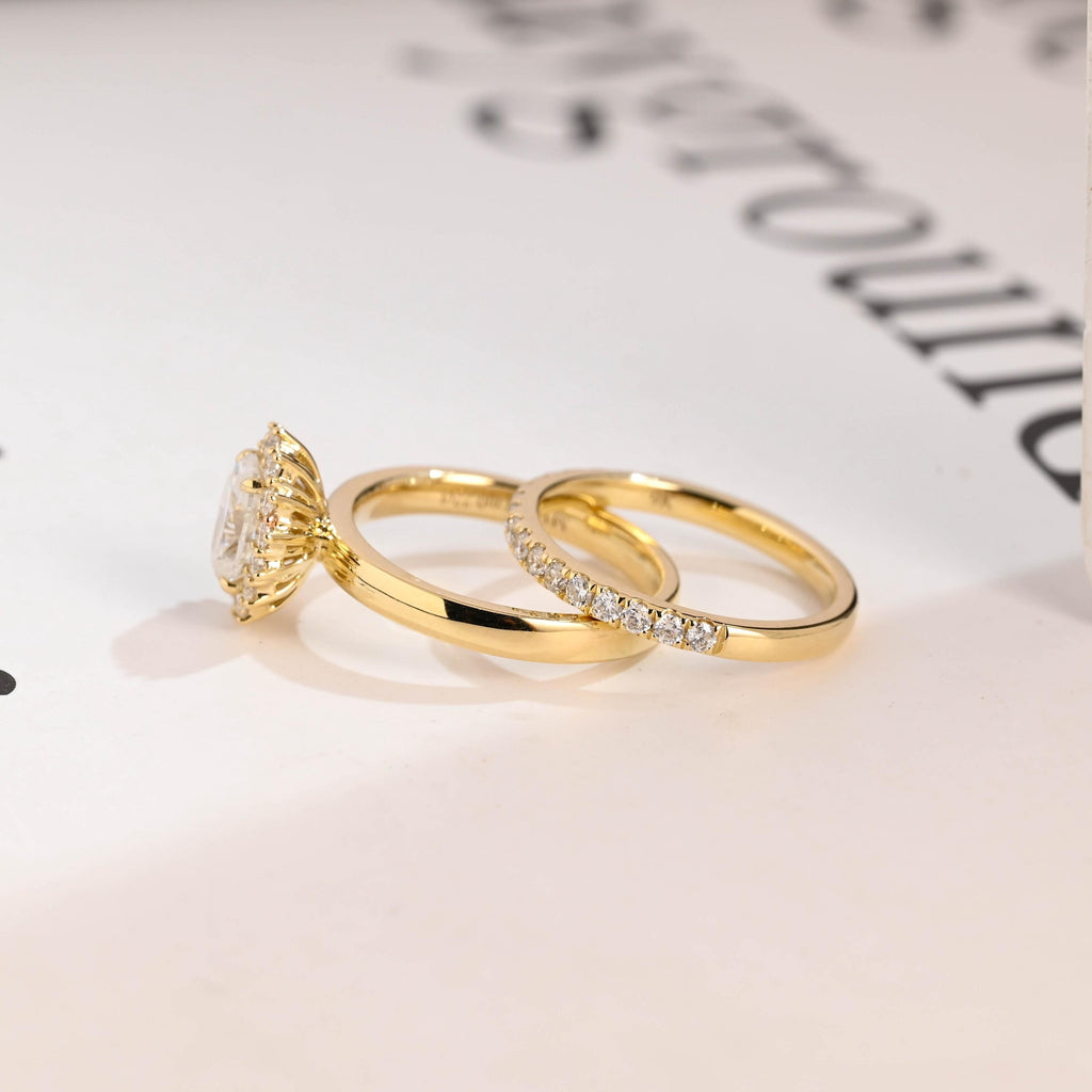 Solid Gold Floral Halo Oval Moissanite Wedding Band Set