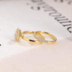 Solid Gold Floral Halo Oval Moissanite Wedding Band Set