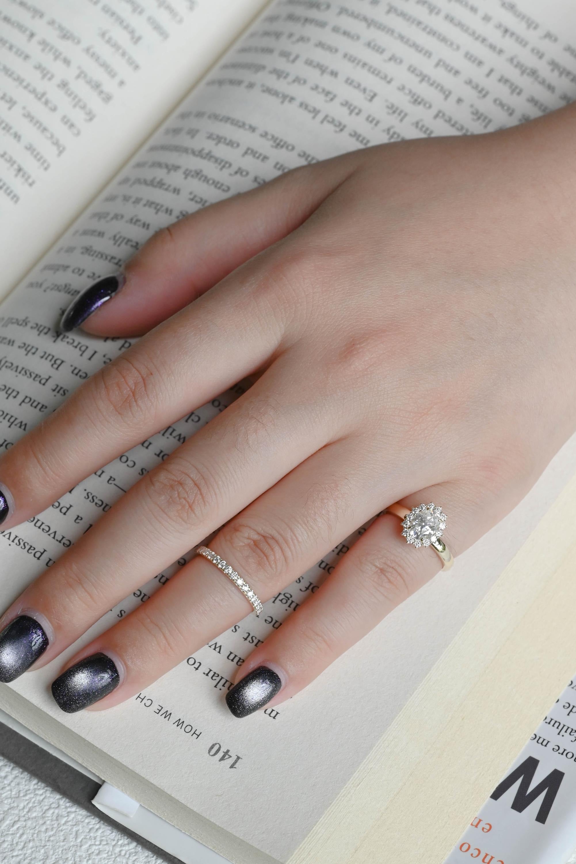 Solid Gold Floral Halo Oval Moissanite Wedding Band Set