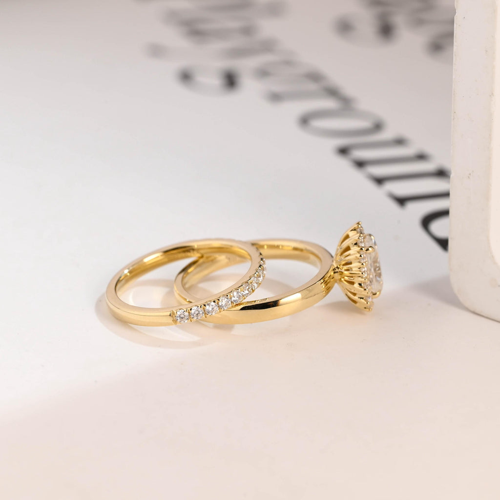 Solid Gold Floral Halo Oval Moissanite Wedding Band Set