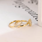Solid Gold Floral Halo Oval Moissanite Wedding Band Set