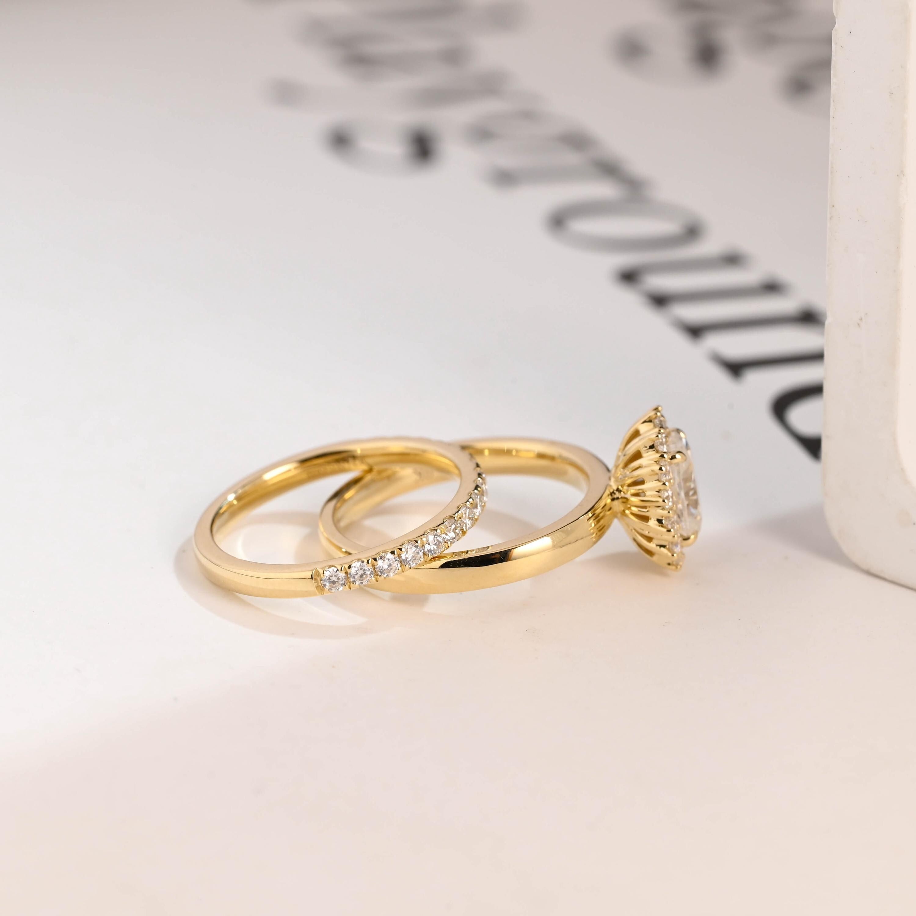 Solid Gold Floral Halo Oval Moissanite Wedding Band Set