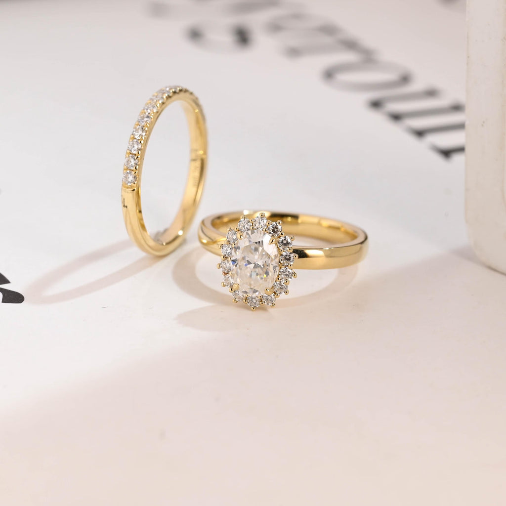 Solid Gold Floral Halo Oval Moissanite Wedding Band Set