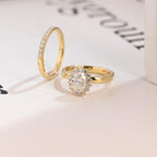 Solid Gold Floral Halo Oval Moissanite Wedding Band Set