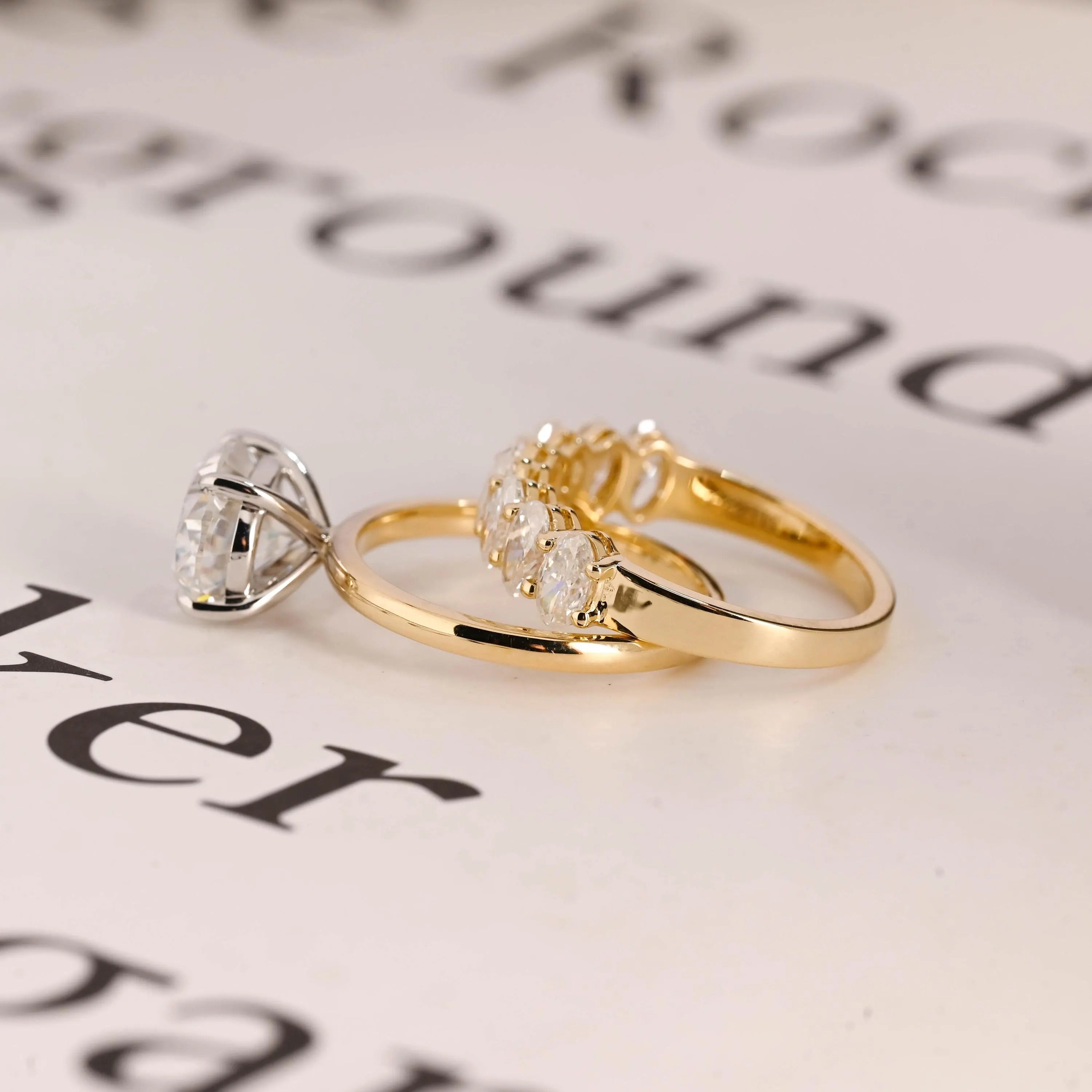 Solid Gold Two Tone Oval Moissanite Engagement Ring Set