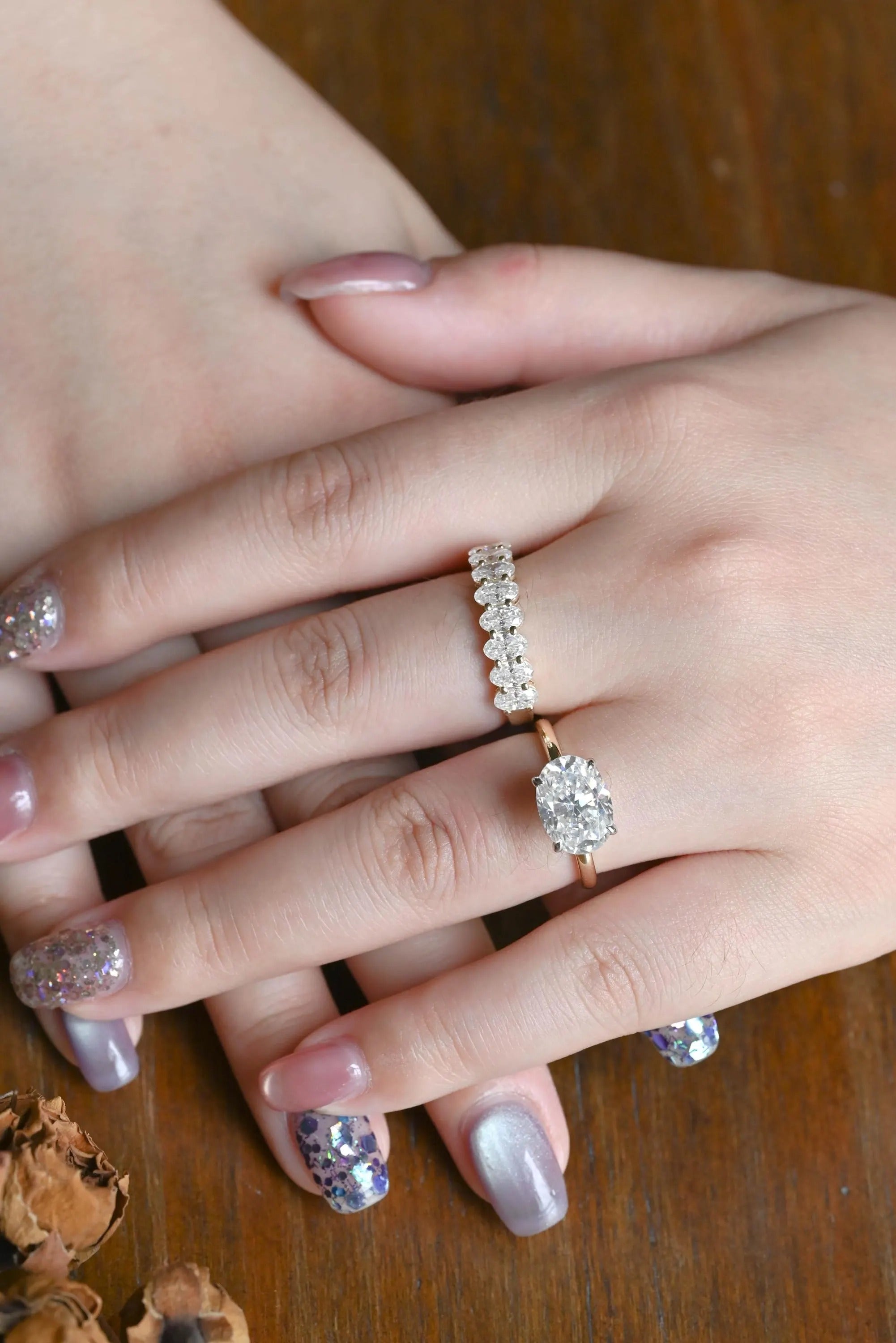 Solid Gold Two Tone Oval Moissanite Engagement Ring Set
