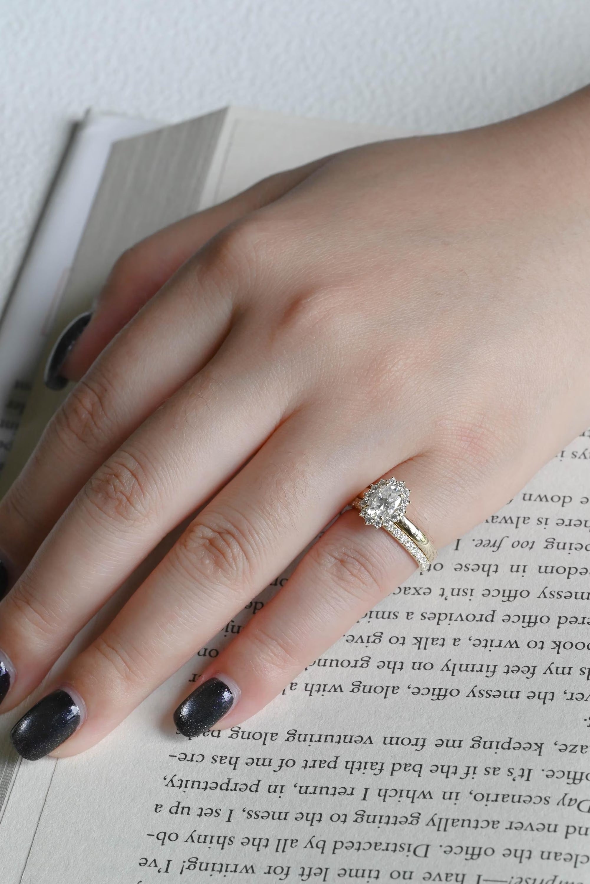 Solid Gold Floral Halo Oval Moissanite Wedding Band Set