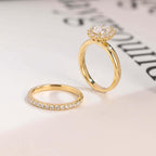 Solid Gold Floral Halo Oval Moissanite Wedding Band Set