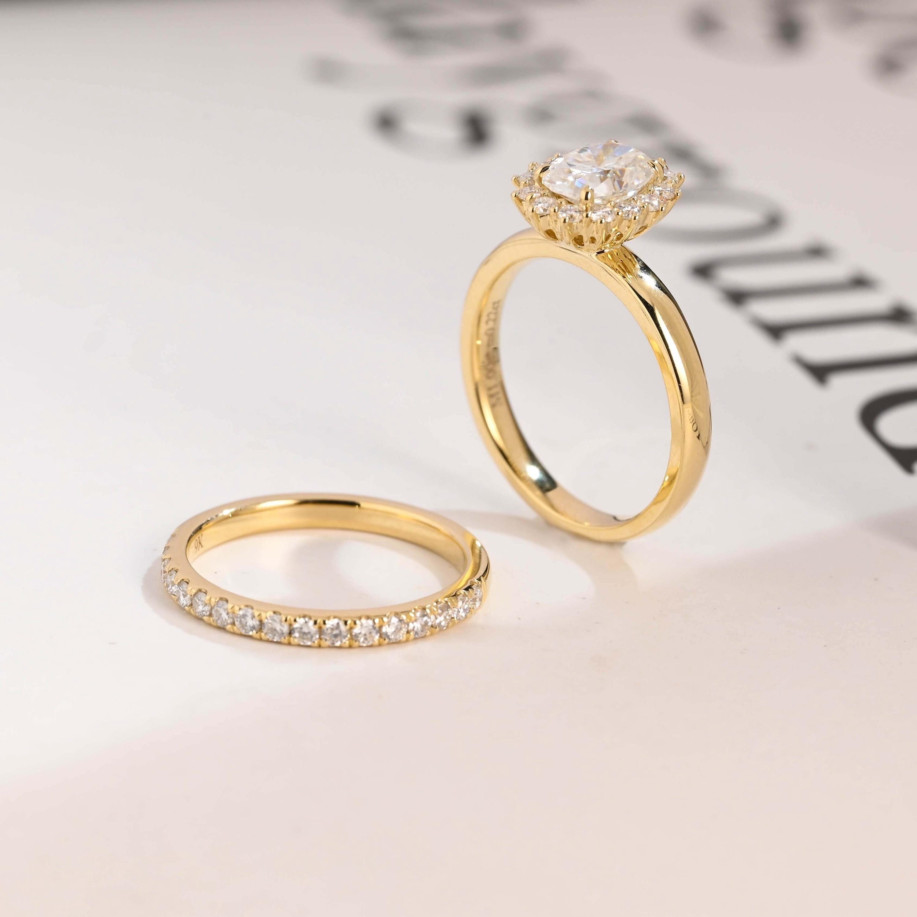 Solid Gold Floral Halo Oval Moissanite Wedding Band Set