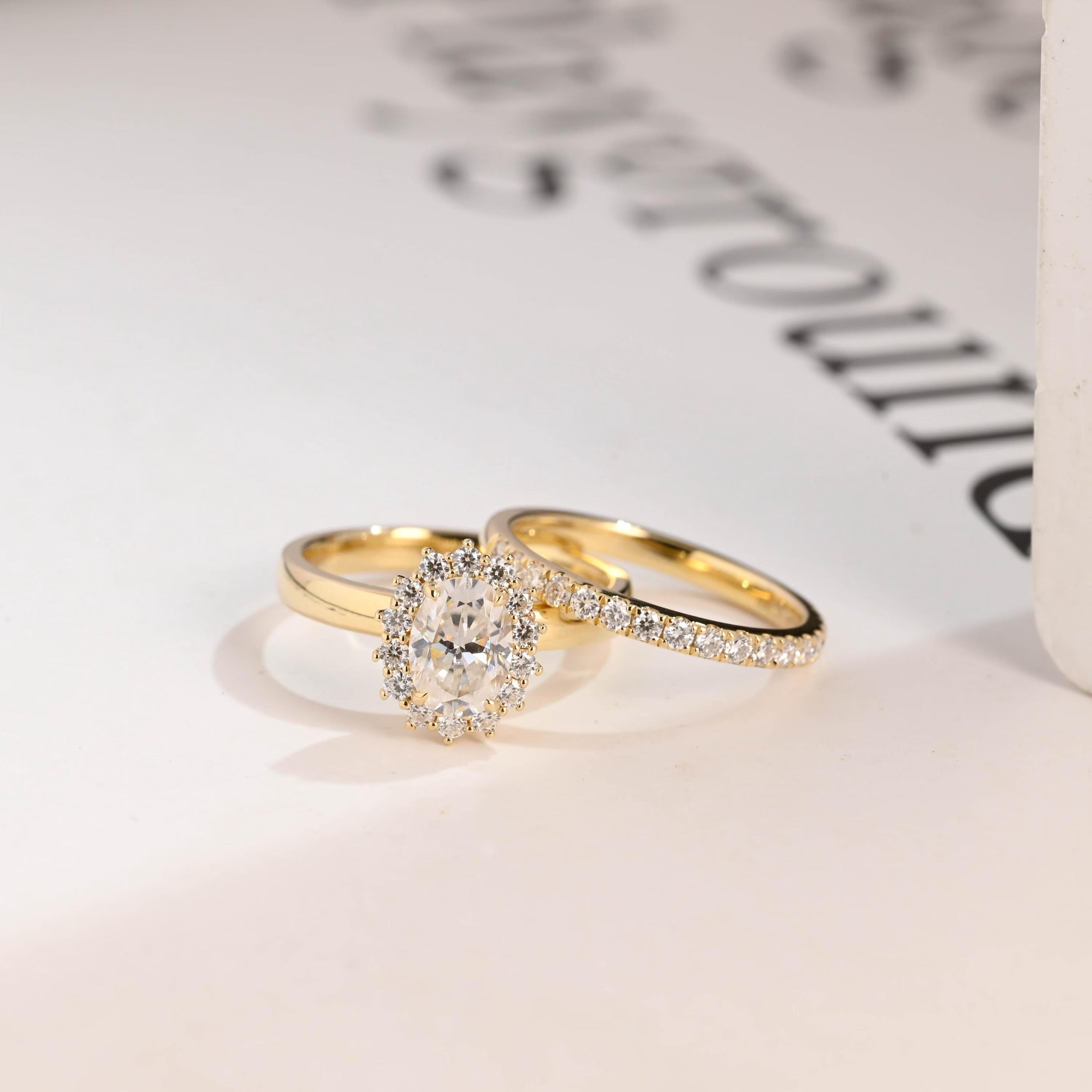 Solid Gold Floral Halo Oval Moissanite Wedding Band Set Main image