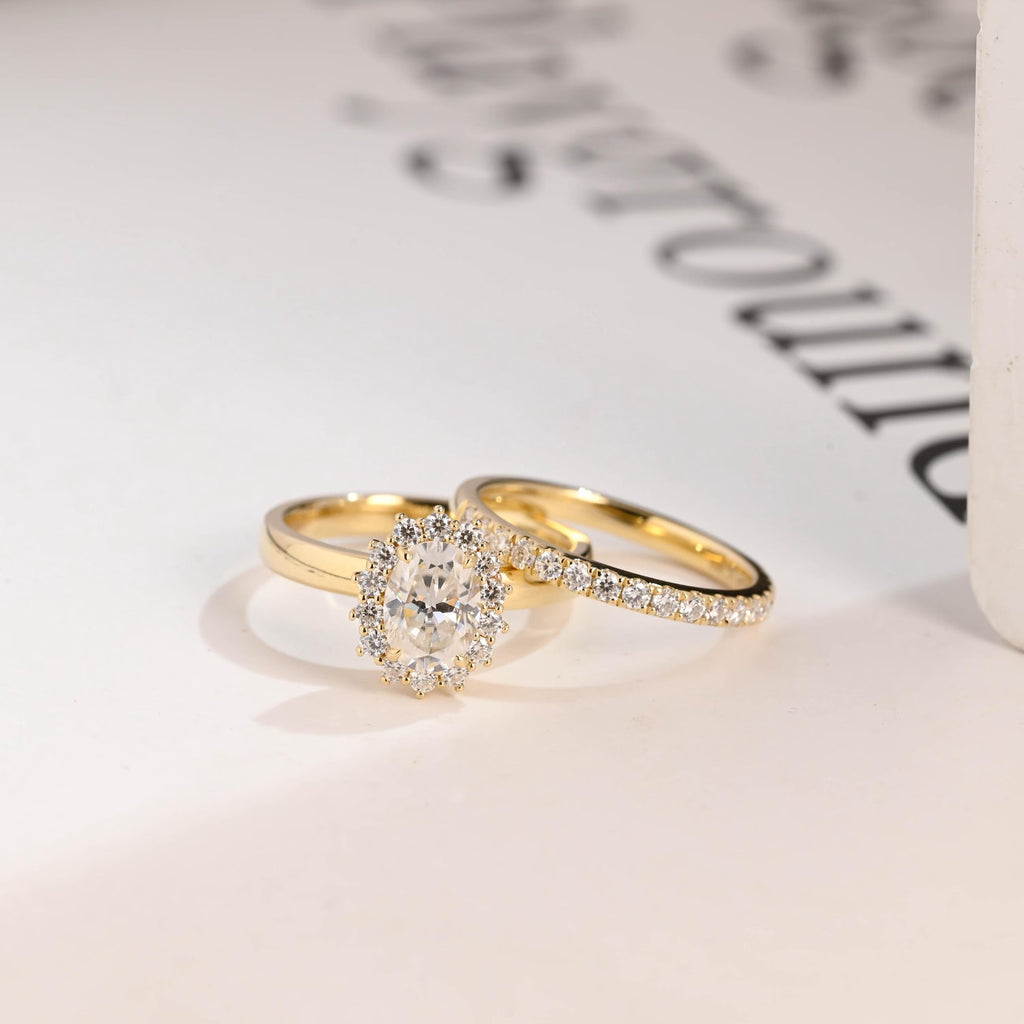 Solid Gold Floral Halo Oval Moissanite Wedding Band Set