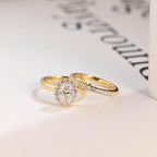 Solid Gold Floral Halo Oval Moissanite Wedding Band Set