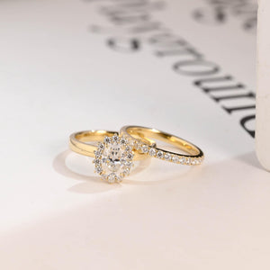Solid Gold Floral Halo Oval Moissanite Wedding Band Set