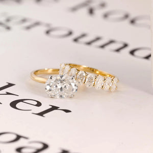 Solid Gold Two Tone Oval Moissanite Engagement Ring Set