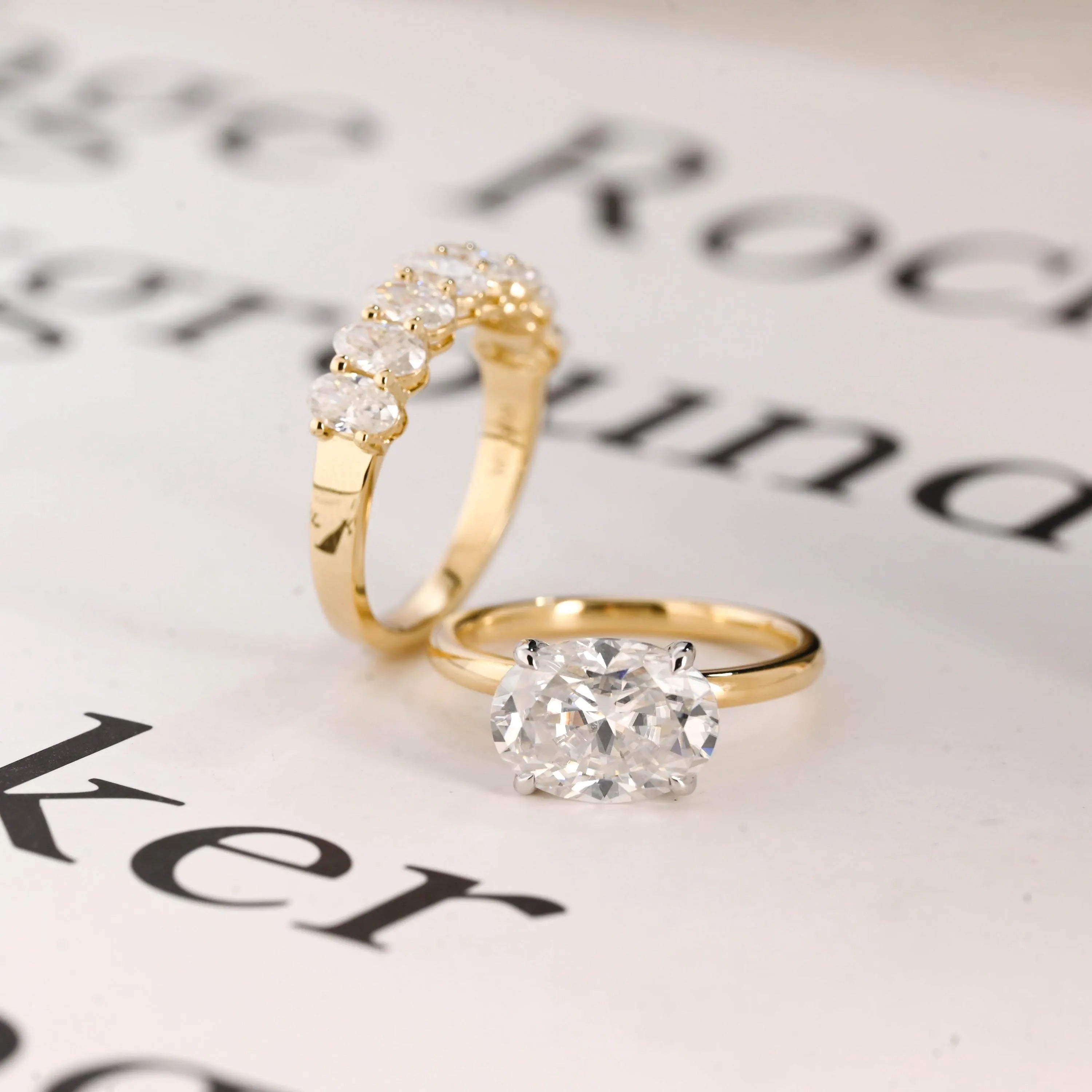 Solid Gold Two Tone Oval Moissanite Engagement Ring Set