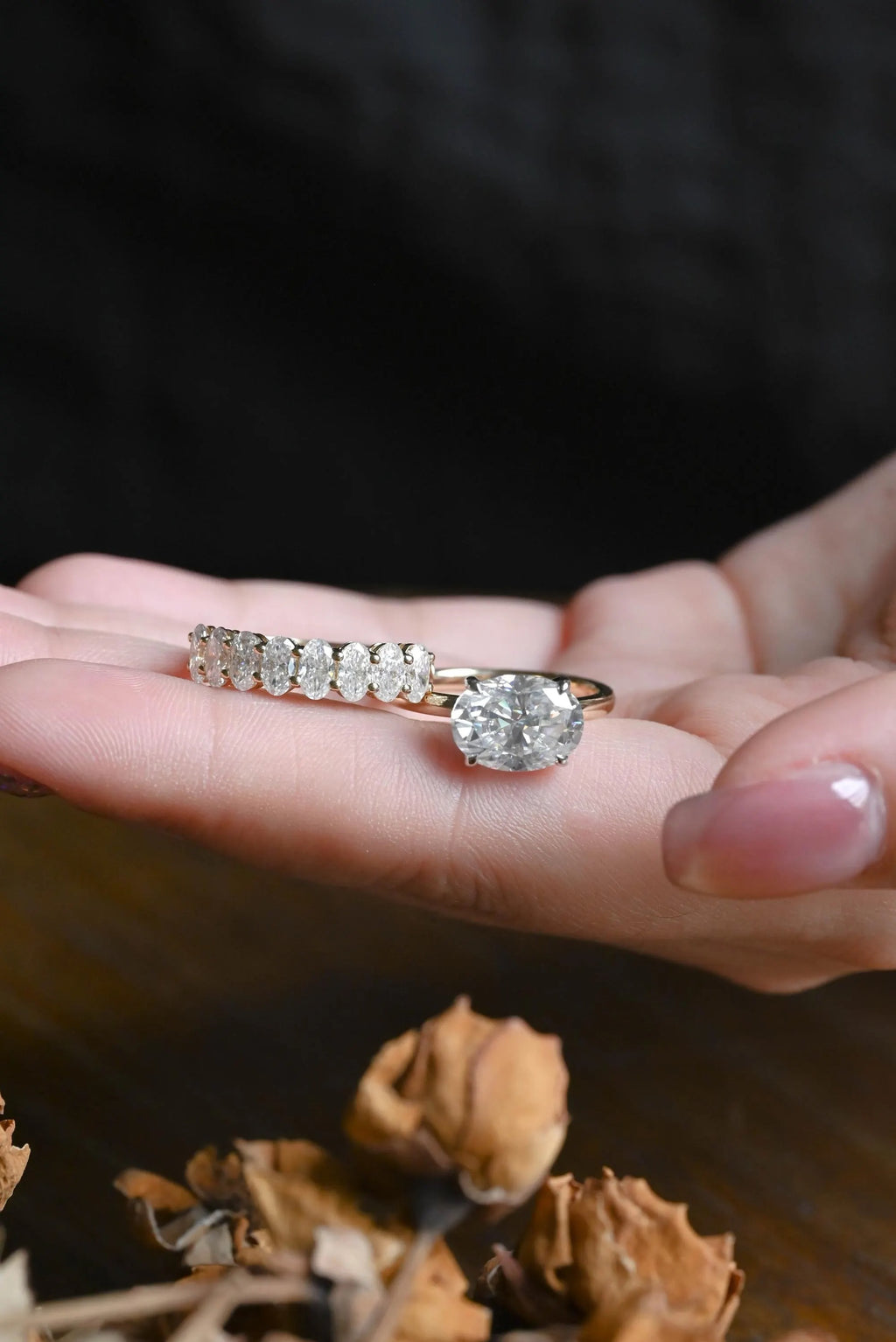 Solid Gold Two Tone Oval Moissanite Engagement Ring Set