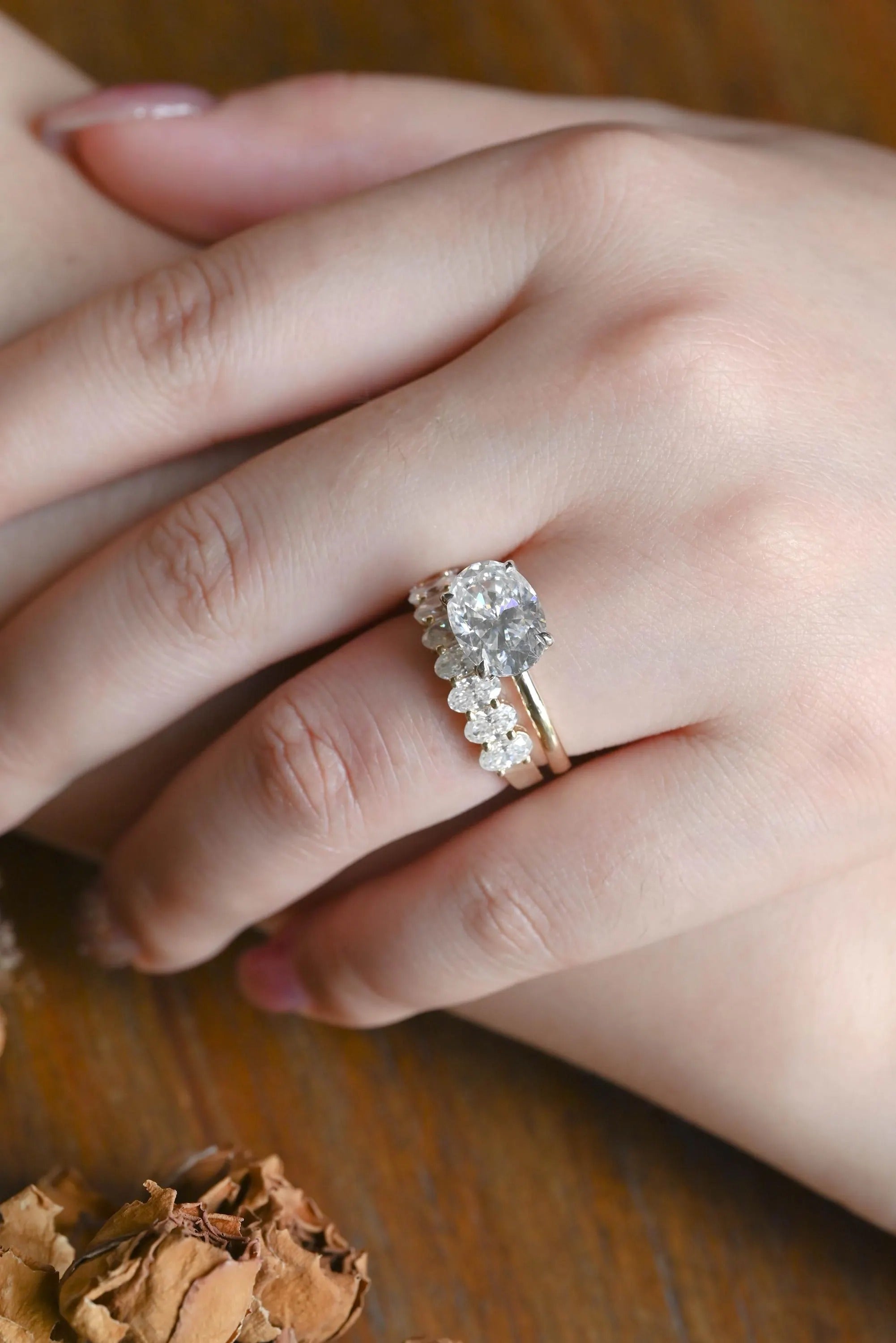 Solid Gold Two Tone Oval Moissanite Engagement Ring Set