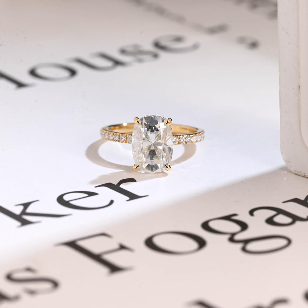 Solid Gold Elongated Cushion Cut Moissanite Engagement Ring, Proposal Ring