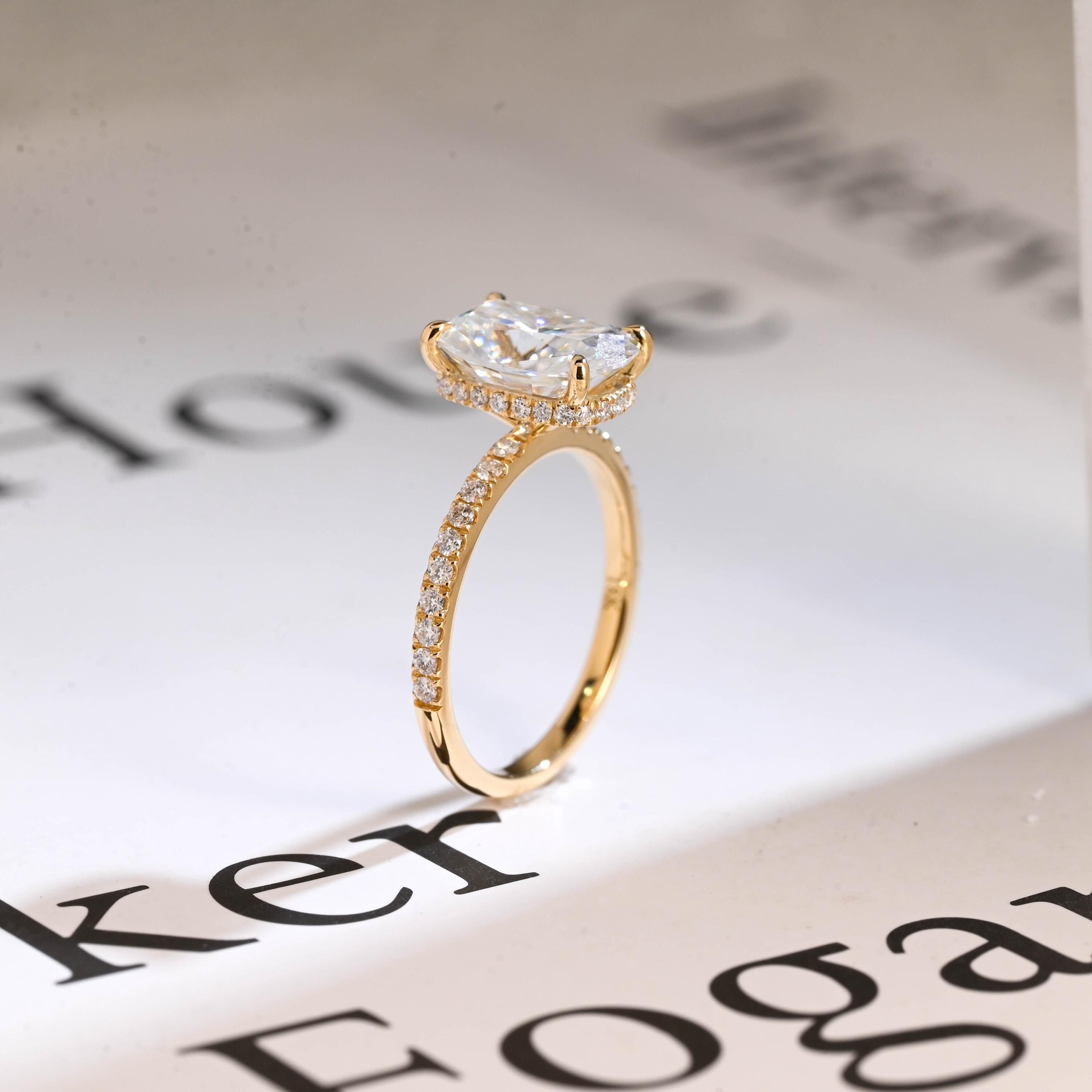 Solid Gold Elongated Cushion Cut Moissanite Engagement Ring, Proposal Ring