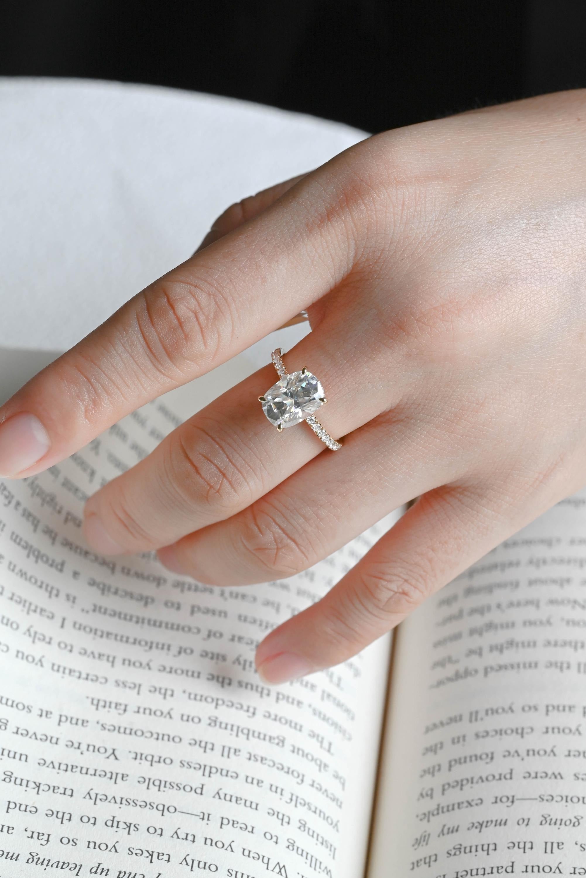 Solid Gold Elongated Cushion Cut Moissanite Engagement Ring, Proposal Ring