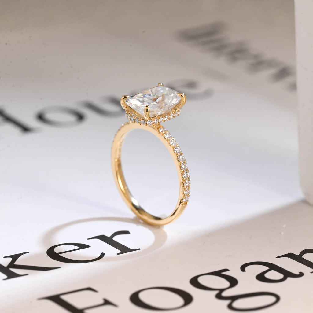 Solid Gold Elongated Cushion Cut Moissanite Engagement Ring, Proposal Ring